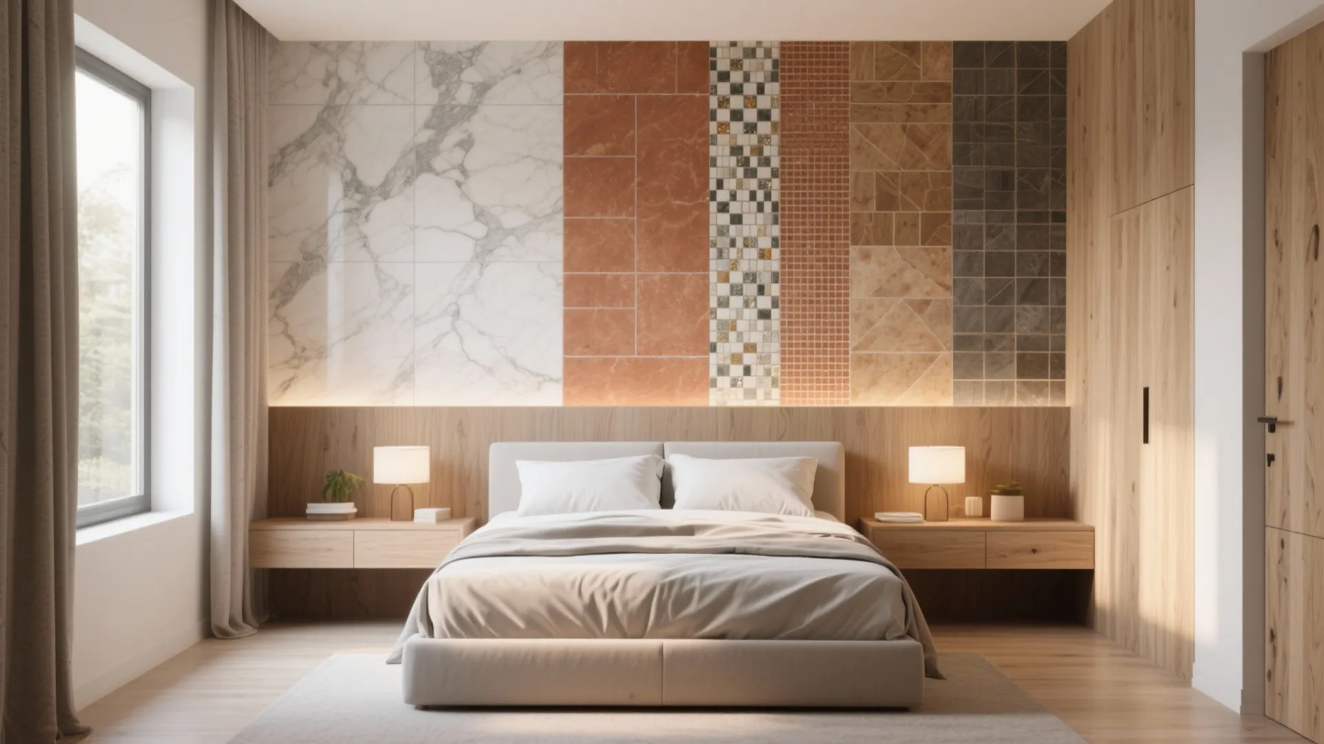 Modern bedroom showing different wall tile samples above a wooden headboard with two bedside lamps