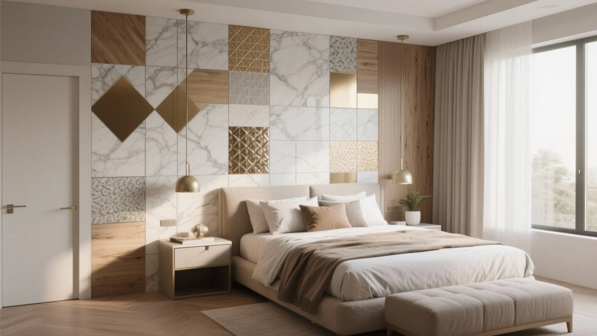 Elegant bedroom with geometric wall tiles made of marble wood and gold accents behind bed