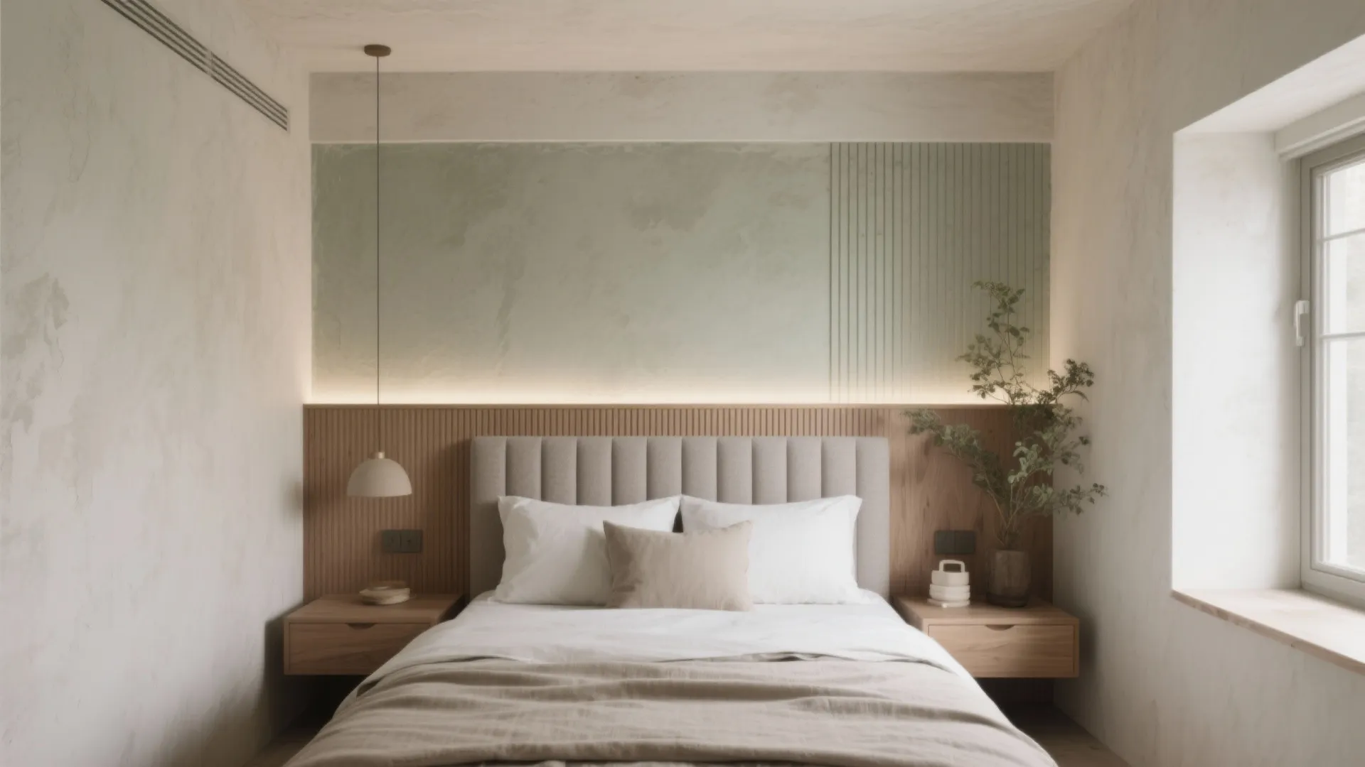 Minimalist bedroom with green wall panel, wooden headboard, two nightstands, pendant light, and neutral bedding