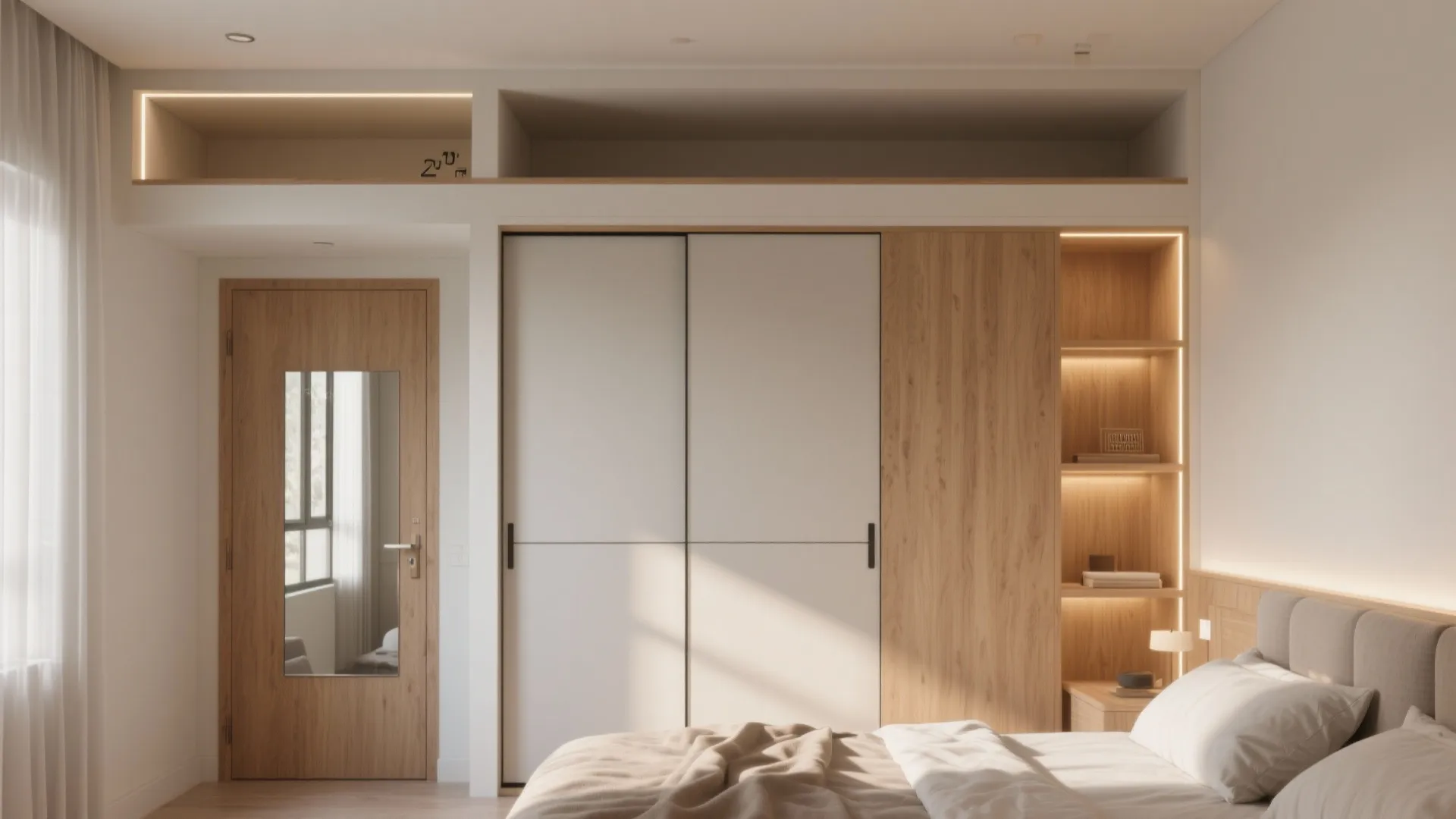 5) Bedroom storage that breathes: sliding wardrobes, lofts, and warm wood