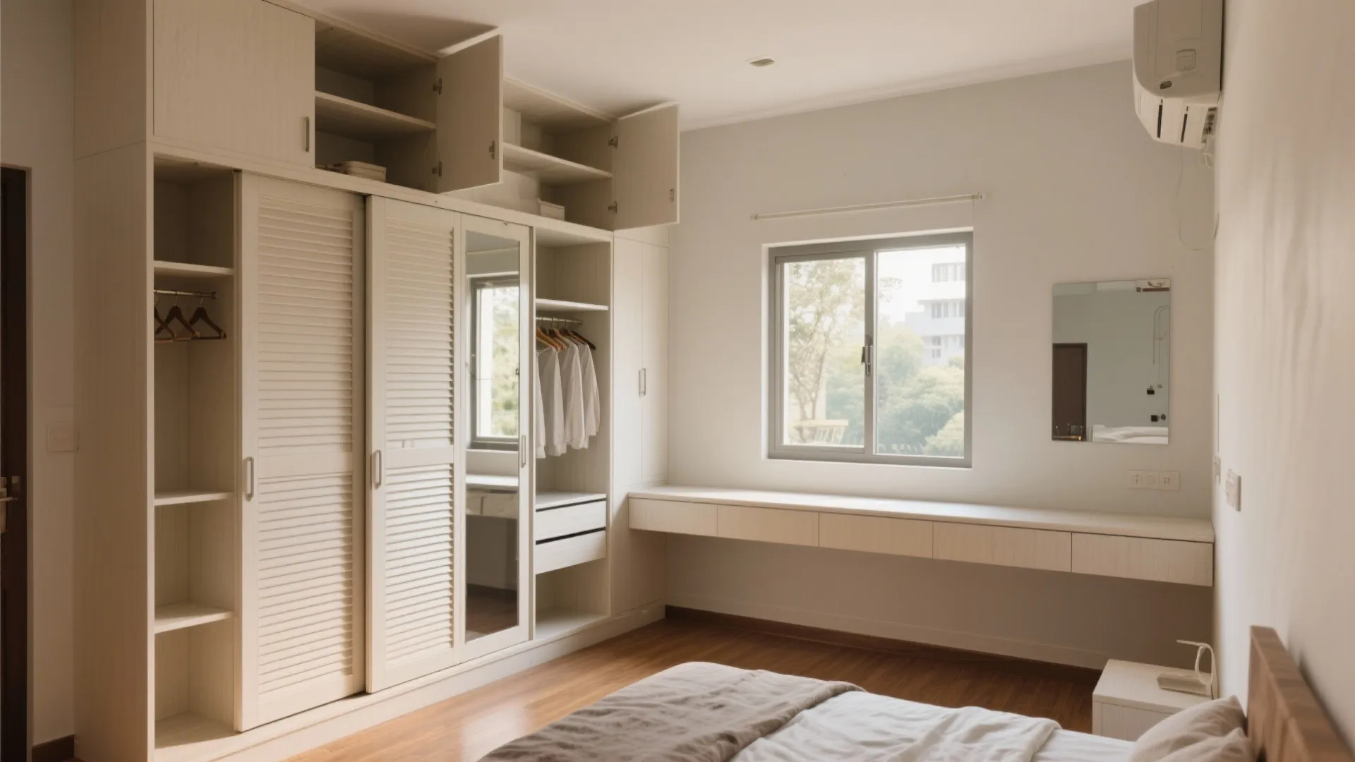 Bedroom zoning with built-in wardrobes