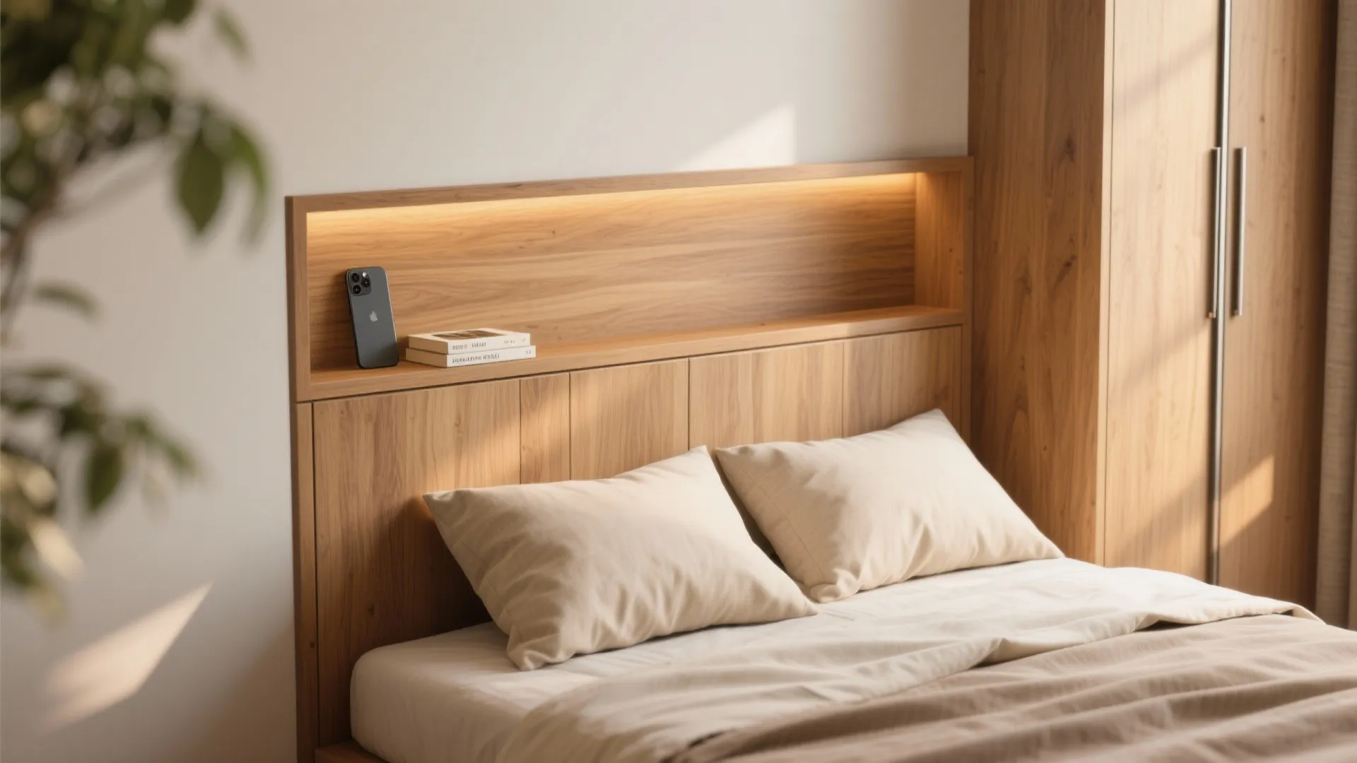 Calm bedroom with storage-smart furniture and warm materials