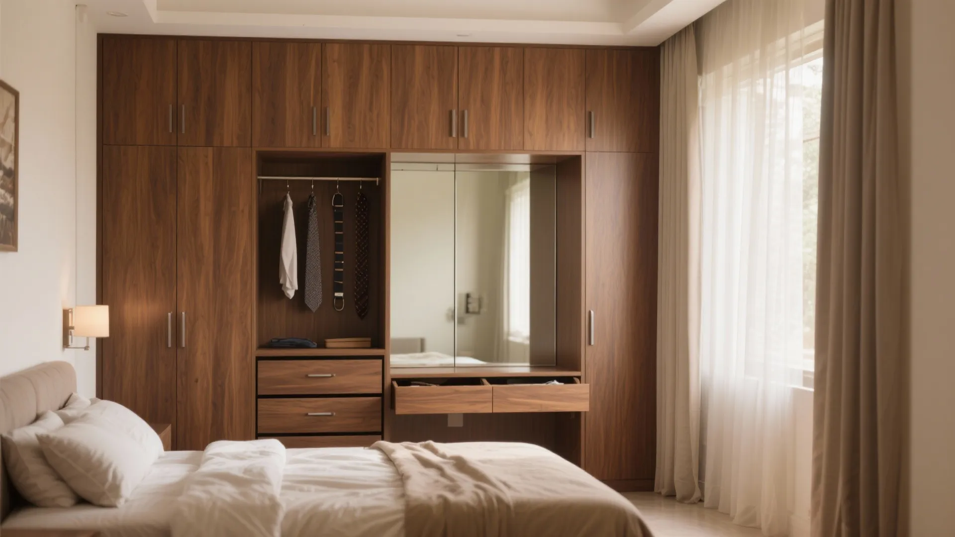 Smart Bedroom Storage with Warm Wood