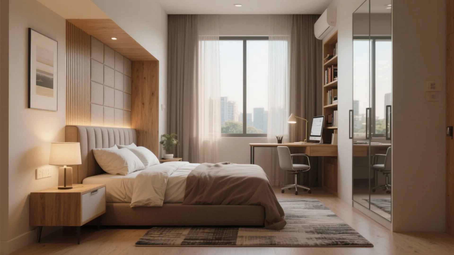 Modern bedroom featuring a built-in desk, wooden bookshelves, a grey bed, and large bright windows