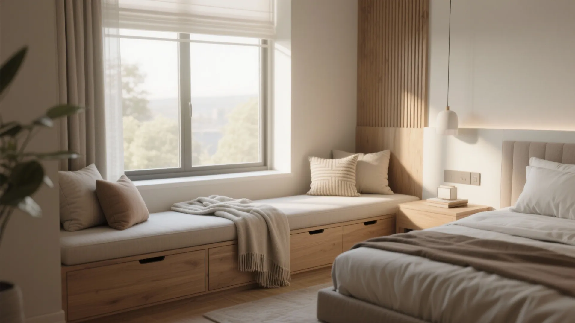 Modern bedroom featuring built-in window seat with storage drawers, decorative pillows, beige blanket, and bed