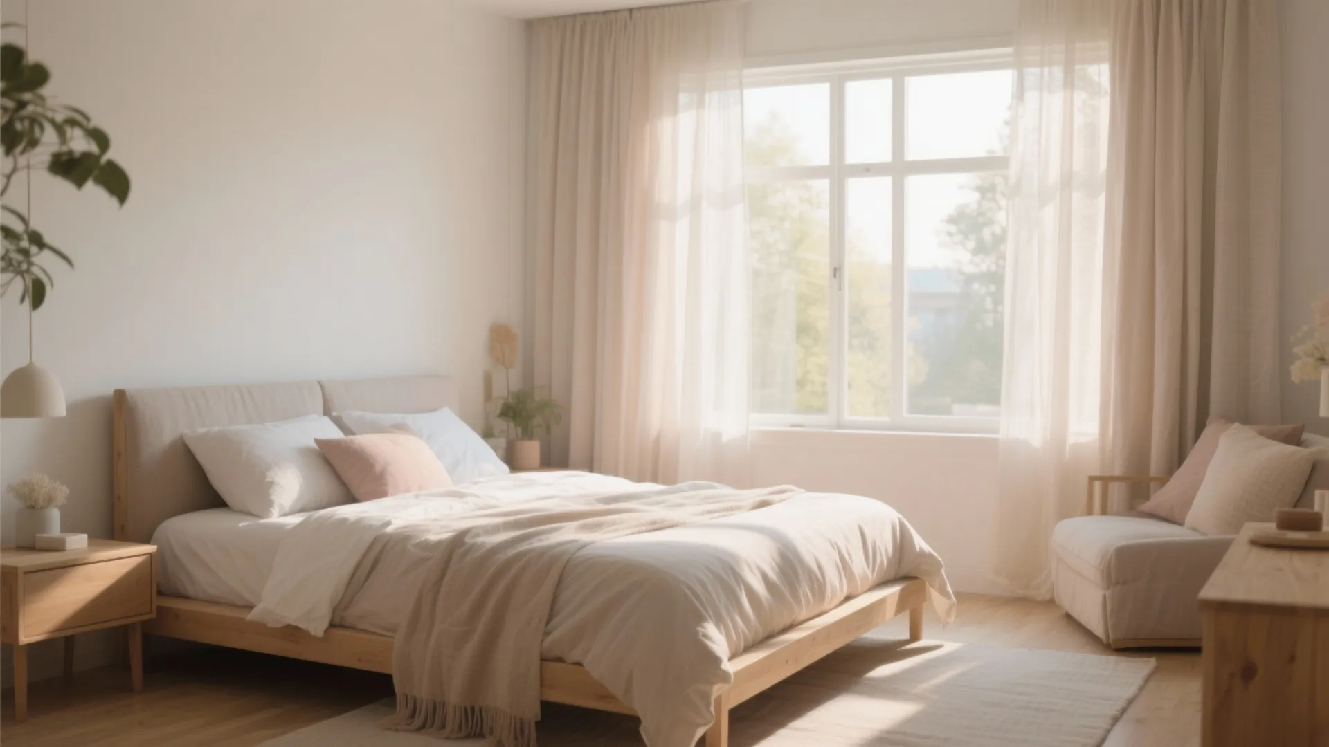 Bright cozy bedroom with wooden bed frame white bedding large windows soft curtains and natural light