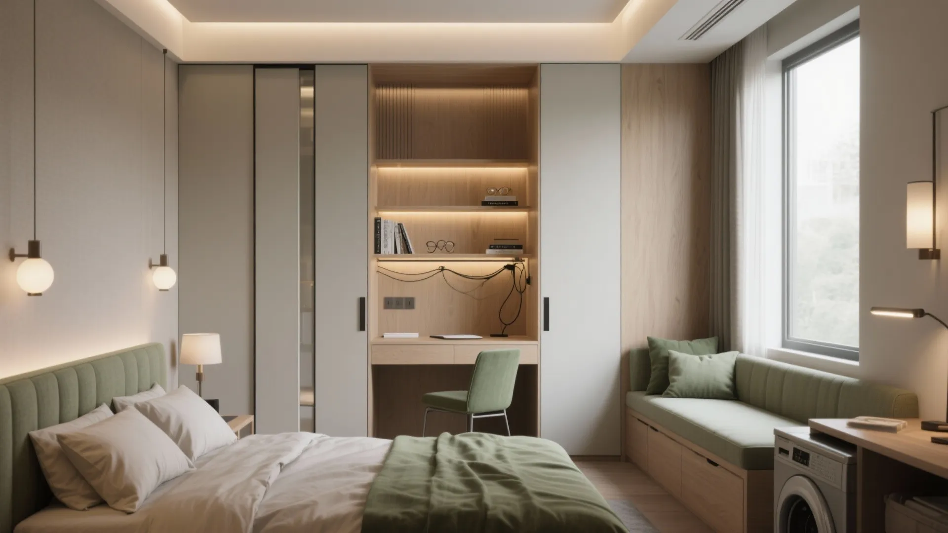 Bedroom that works hard: wardrobe + study + soft lighting