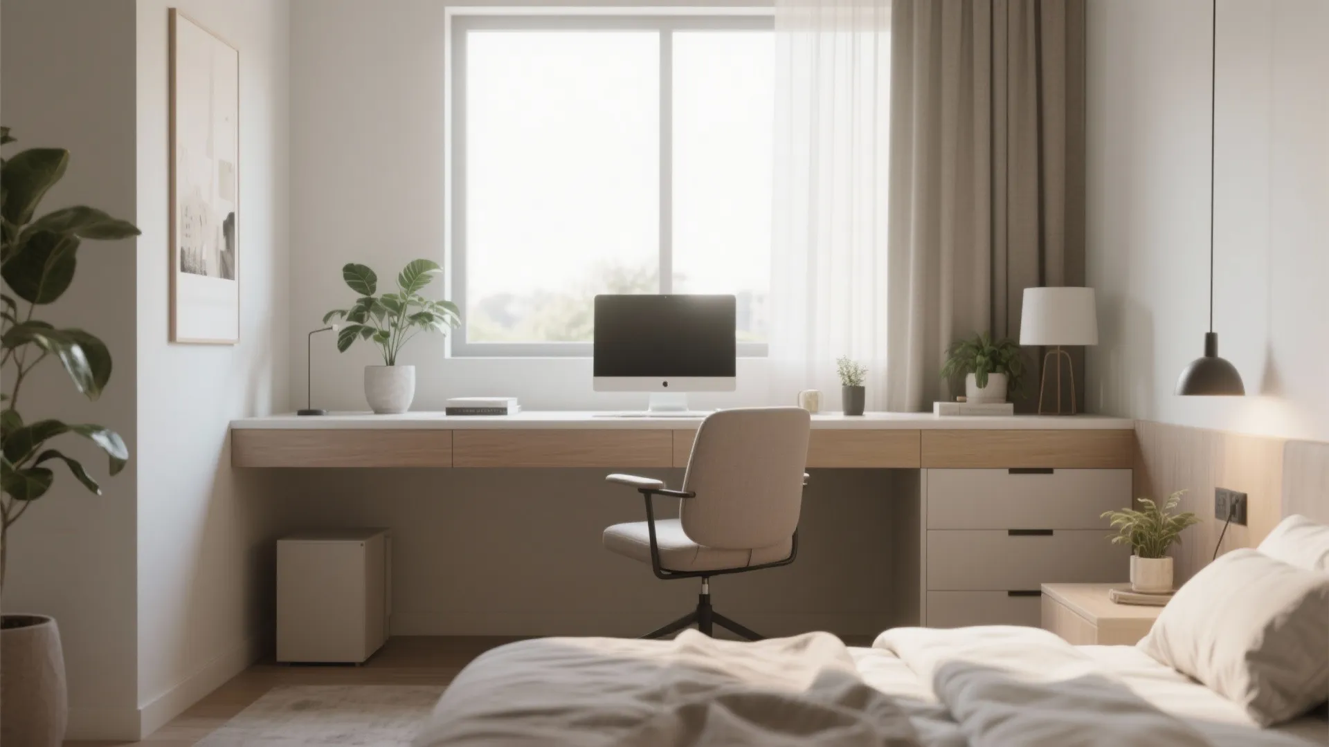 Home office corner in bedroom with long wooden desk, computer, swivel chair, plants, and window