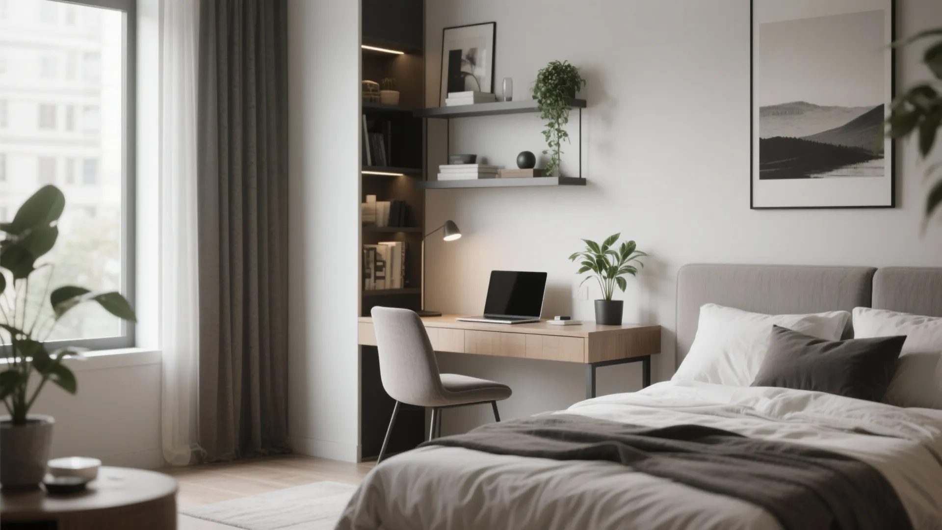 Bedroom interior design with integrated wooden desk, grey chair, shelving unit, and large bright windows