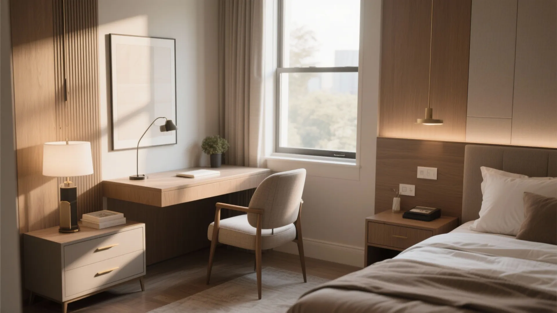 Cozy bedroom workspace featuring wooden desk chair table lamp window view and soft warm indoor lighting