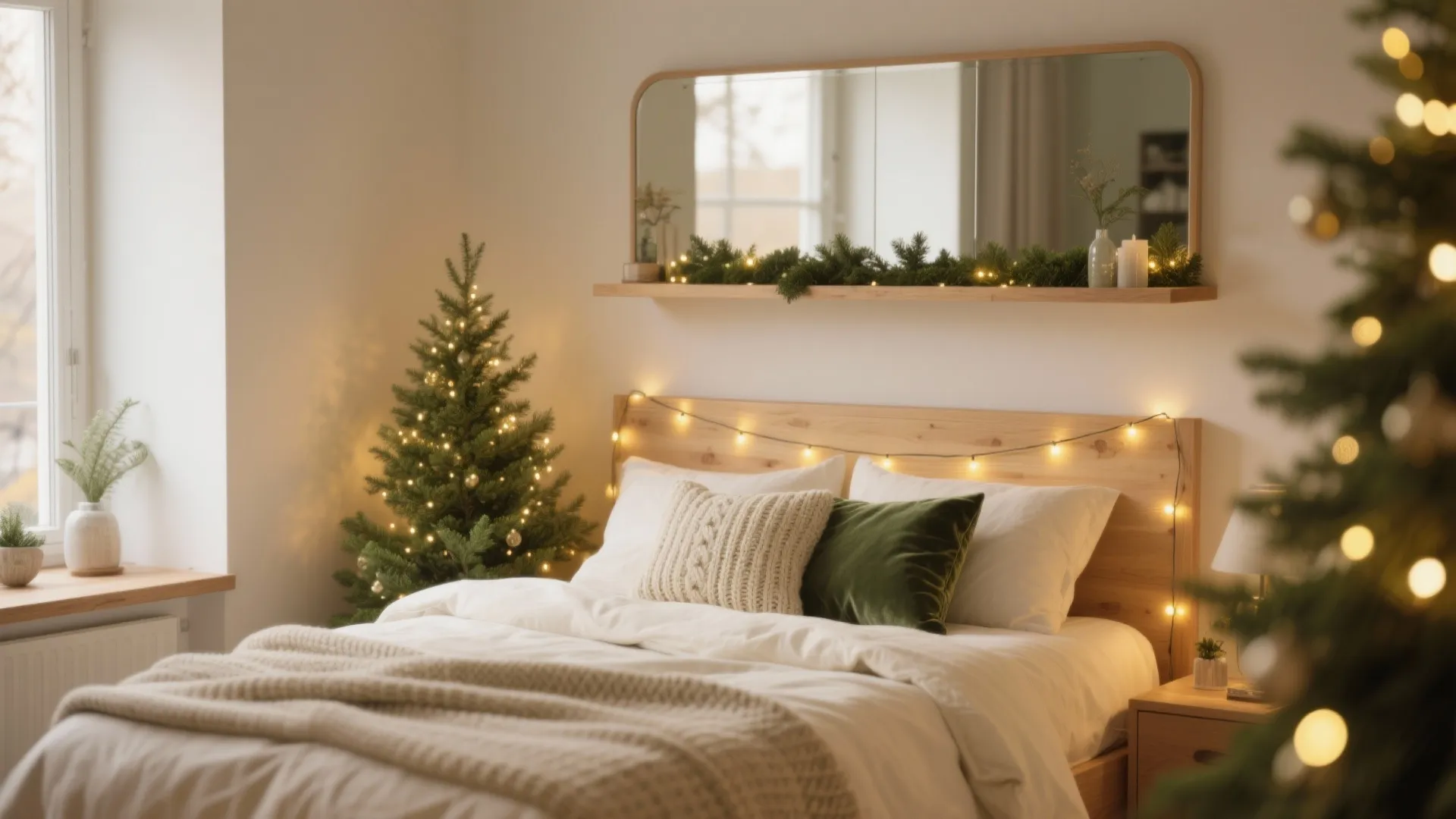 Cozy bedroom with wooden bed frame string lights small Christmas tree and horizontal wall mirror