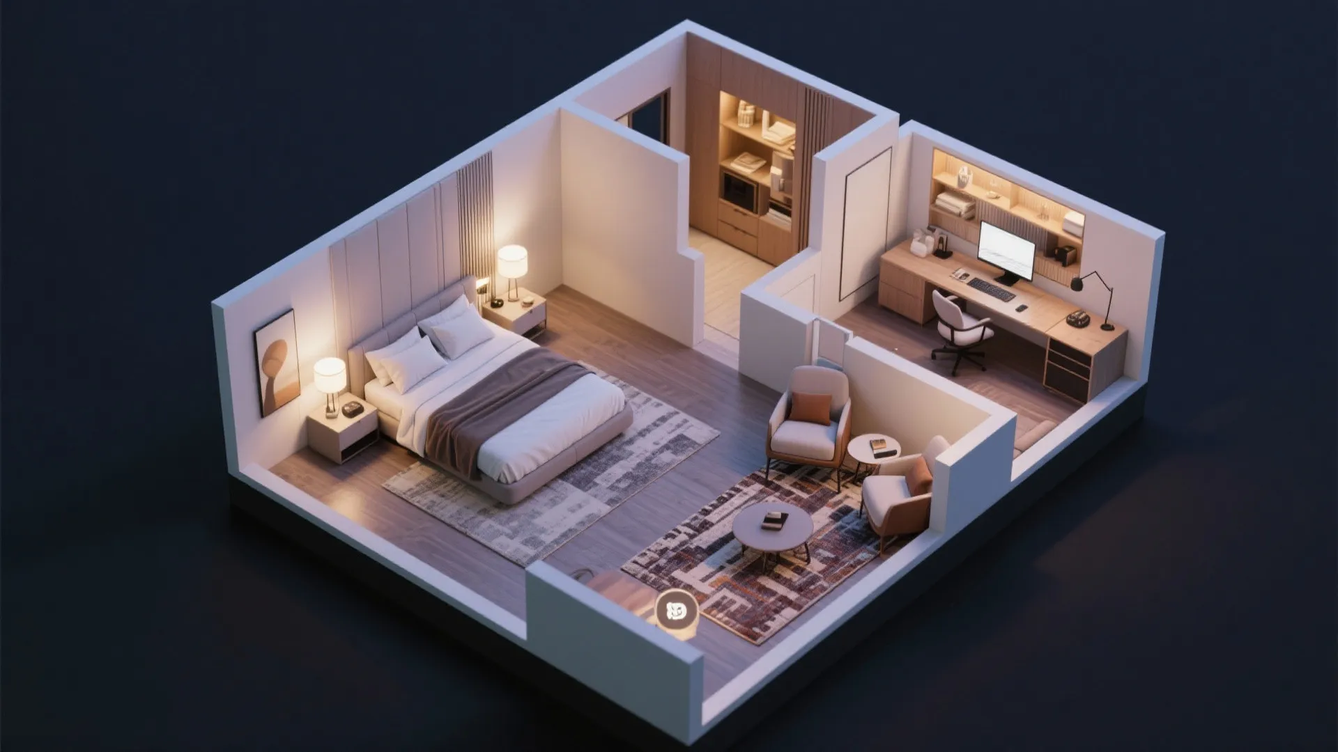 Modern bedroom apartment interior design drawing with sleeping area office space and cozy seating lounge layout