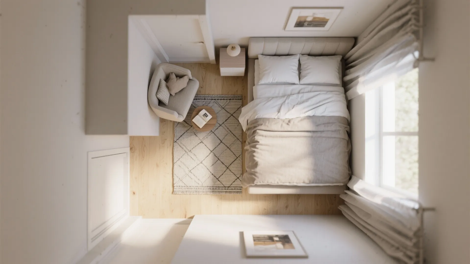 Small bedroom layout with white bed, grey armchair, round side table, rug and wooden floor