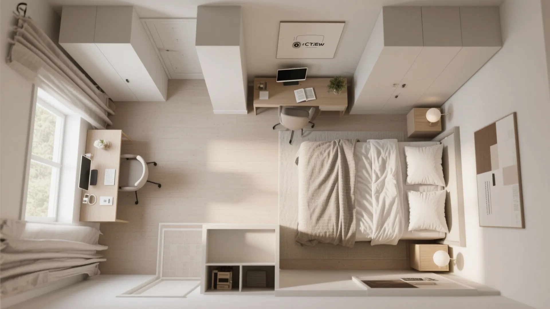 Top-down view of a small bedroom with defined functional zones