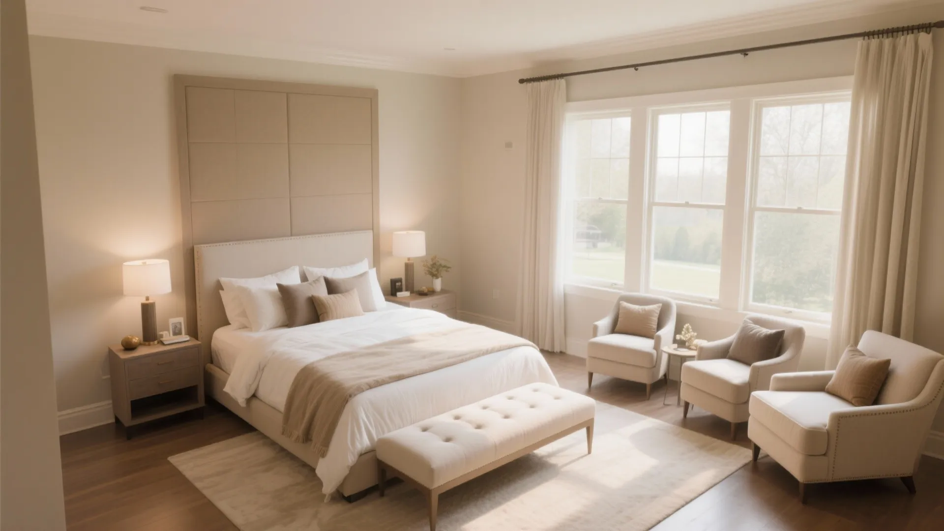 Spacious beige bedroom with a large bed two bedside tables and three matching armchairs near