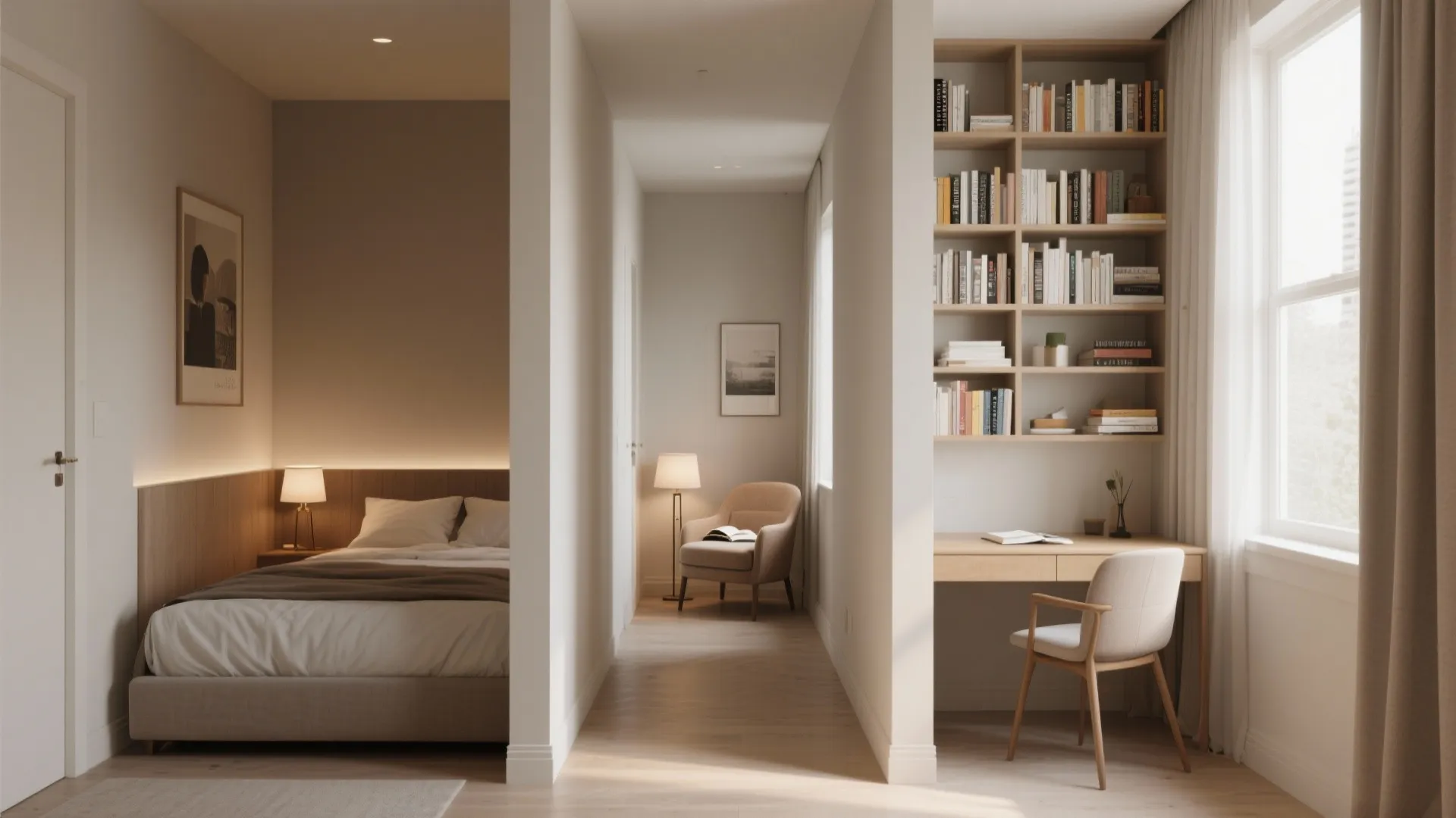 Interior design drawing showing a bedroom with bed, desk, bookshelf, and chair in neutral tones