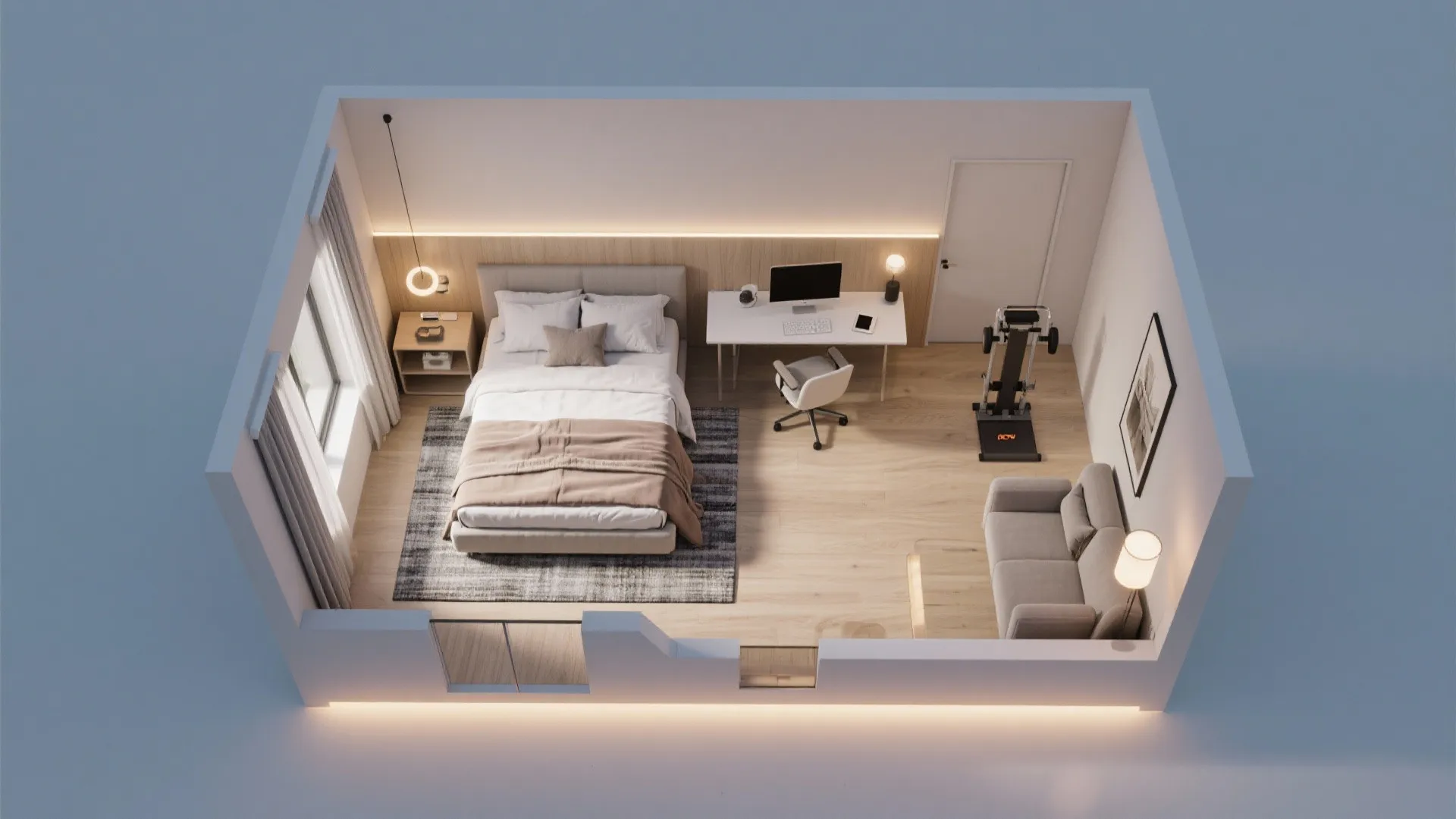 Interior design drawing showing a room layout with bed desk sofa and gym exercise equipment