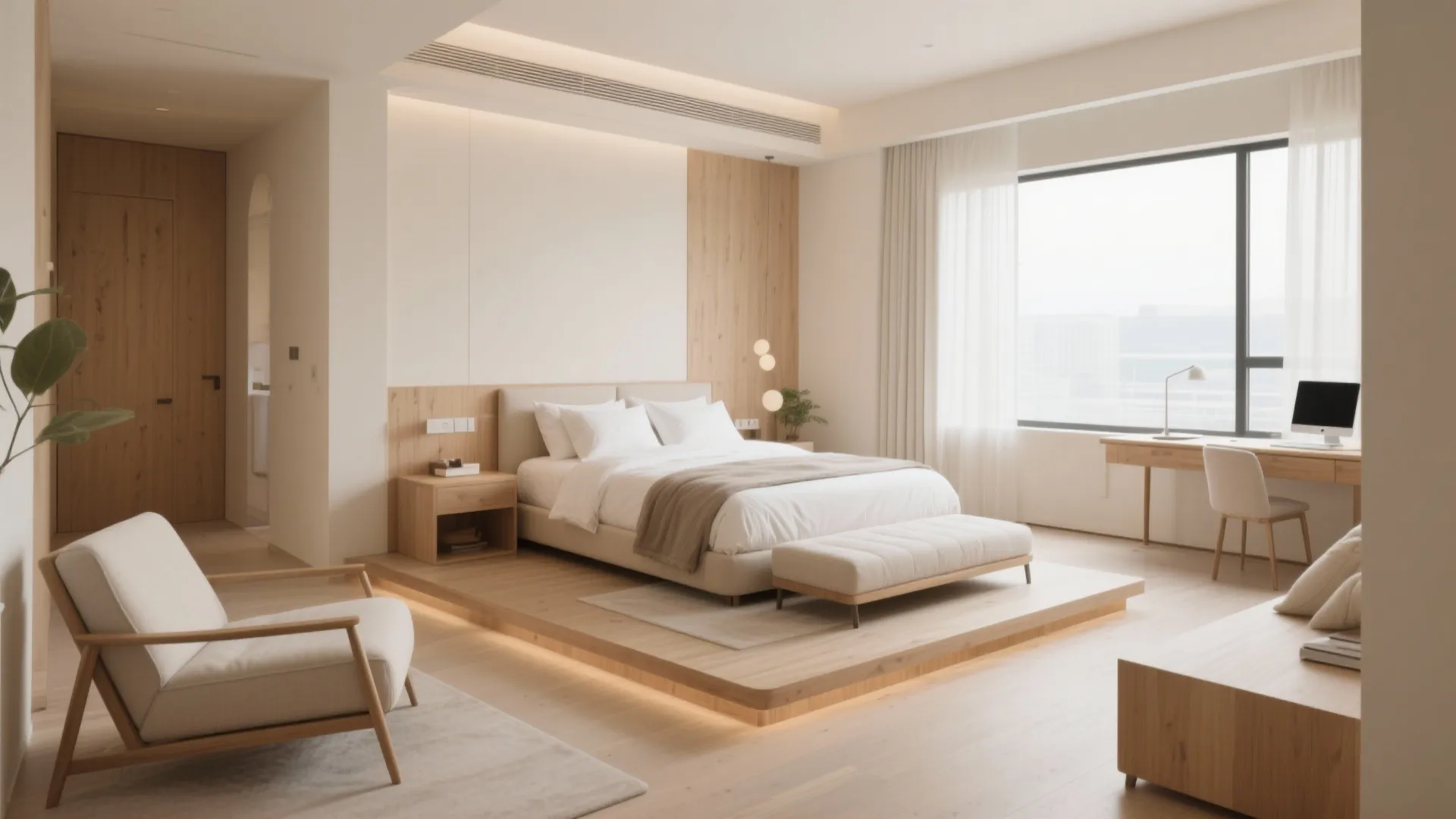 18x18 bedroom with lounge, sleep, and work areas