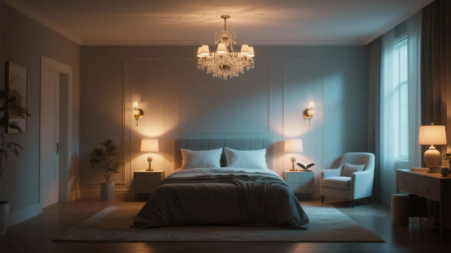 Elegant bedroom with warm ceiling light wall lights table lamps and soft blue window light