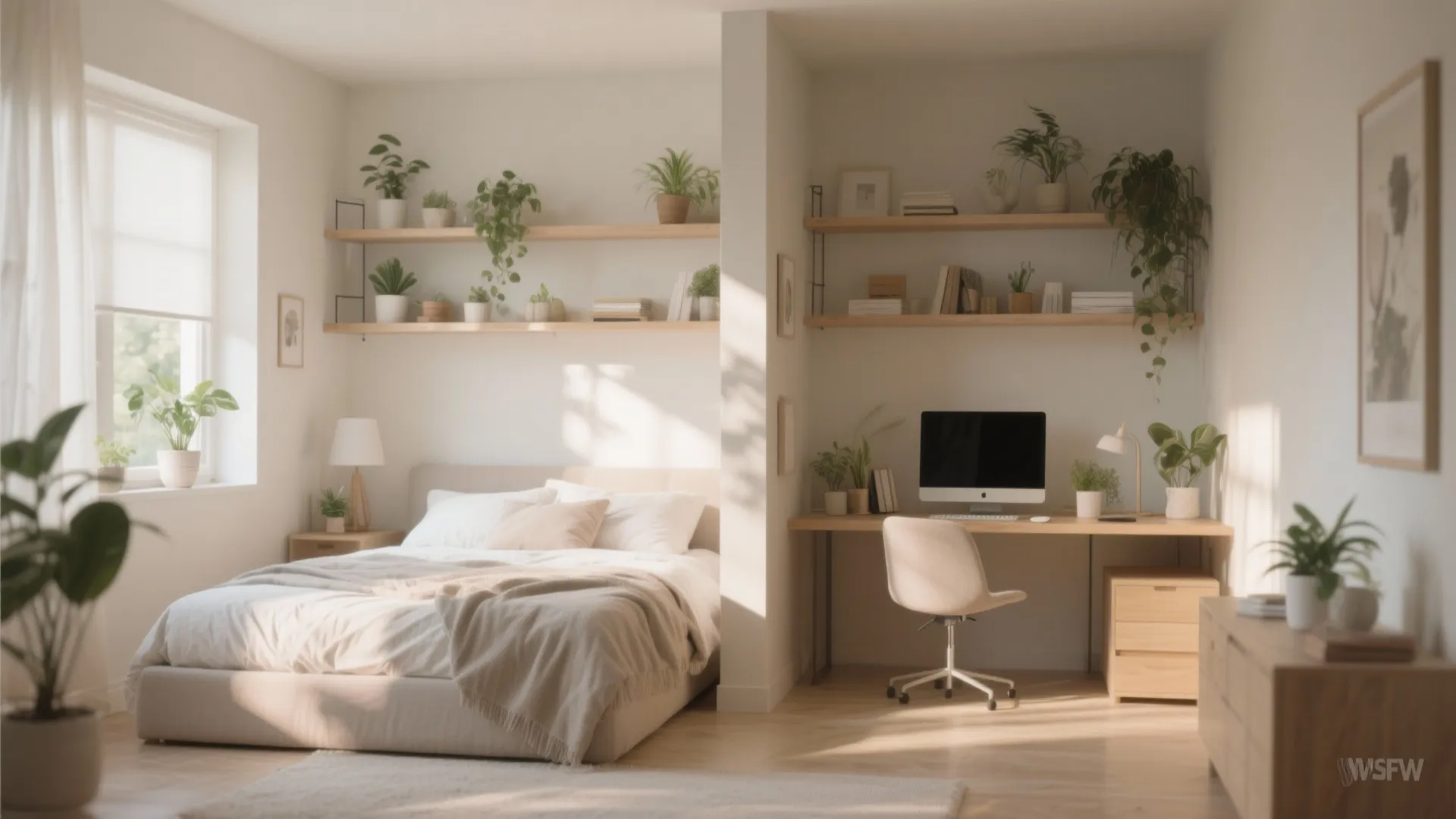 Room layout showing a bedroom and home office desk separated by a small white wall divider