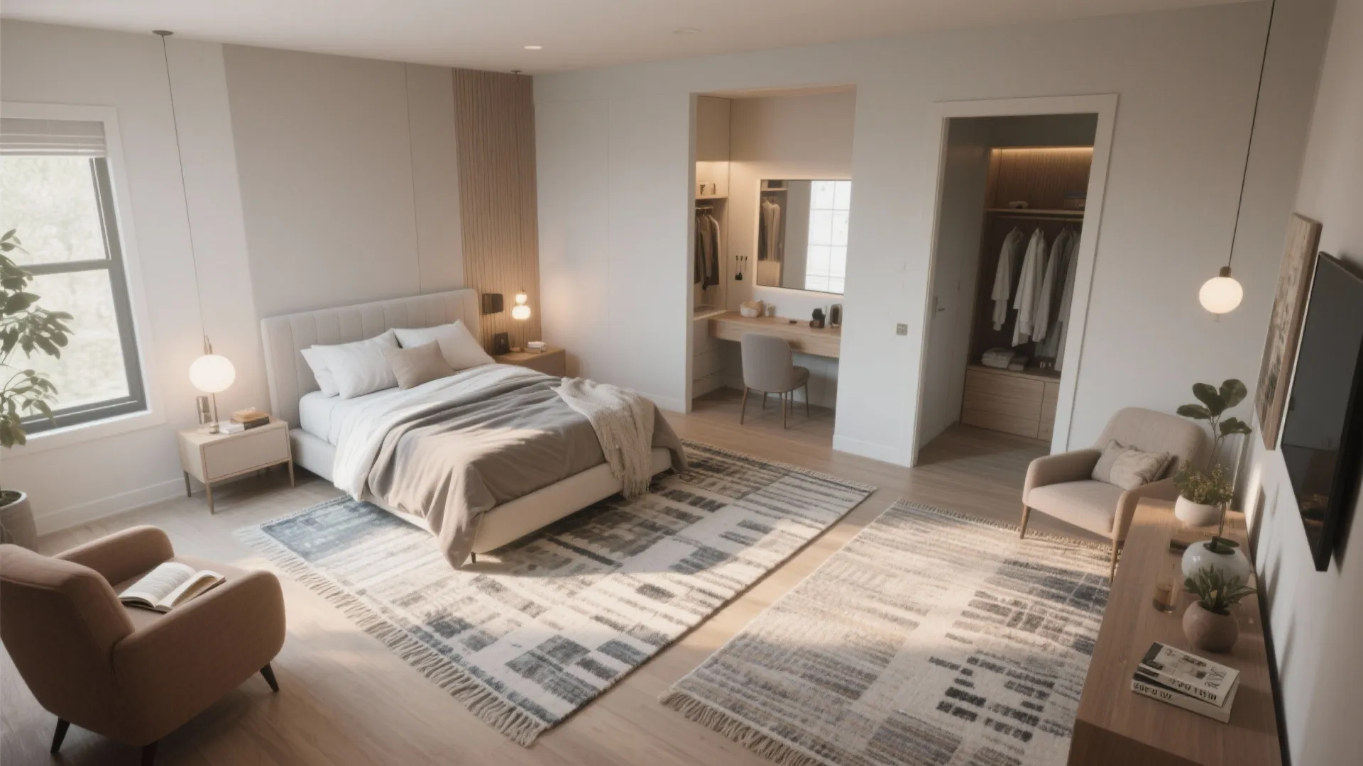 Spacious bedroom layout featuring a large bed, dressing table, walk in closet, and armchairs set