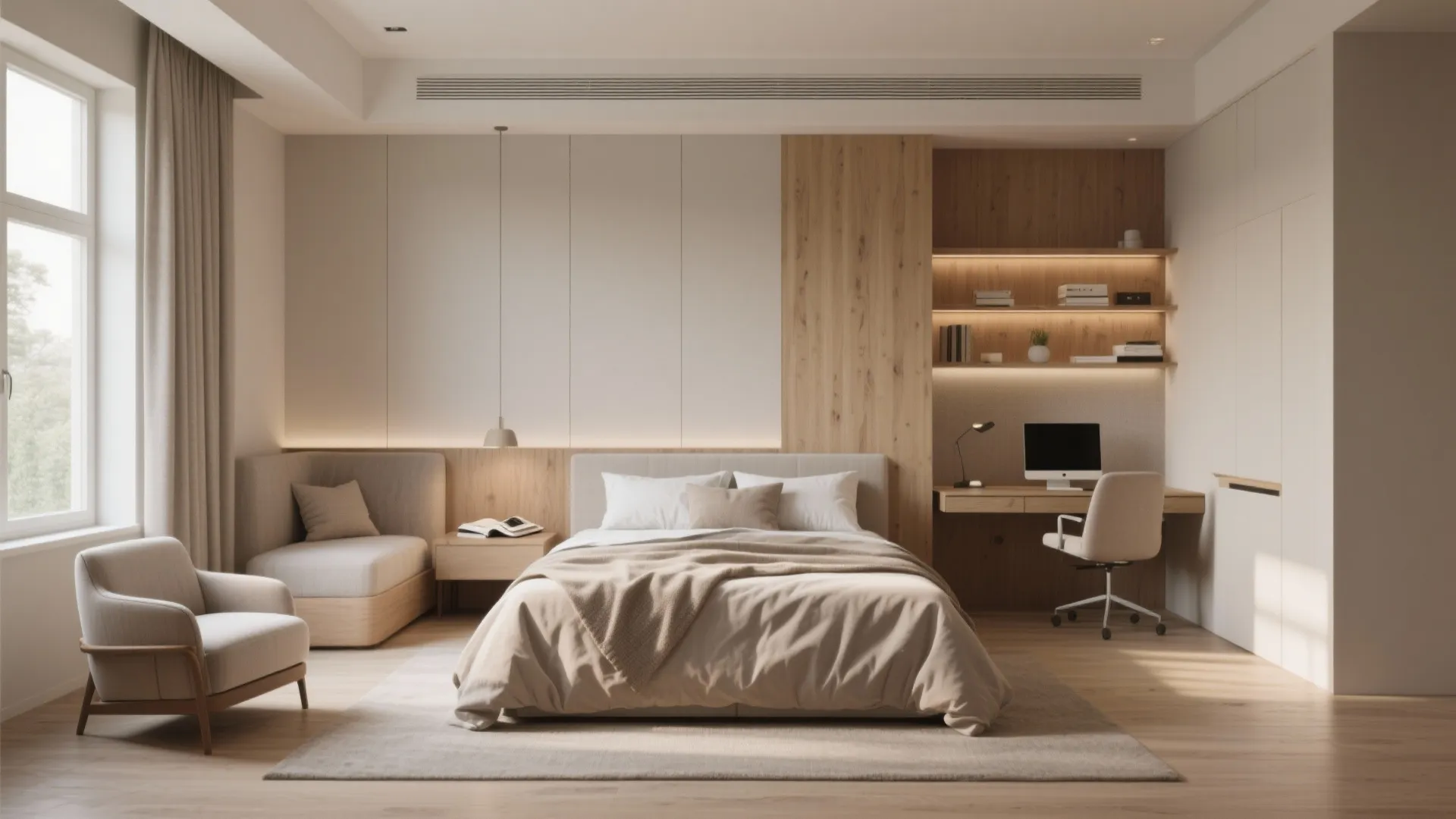 Minimalist bedroom with beige bed wooden desk office chair armchair large window and light flooring
