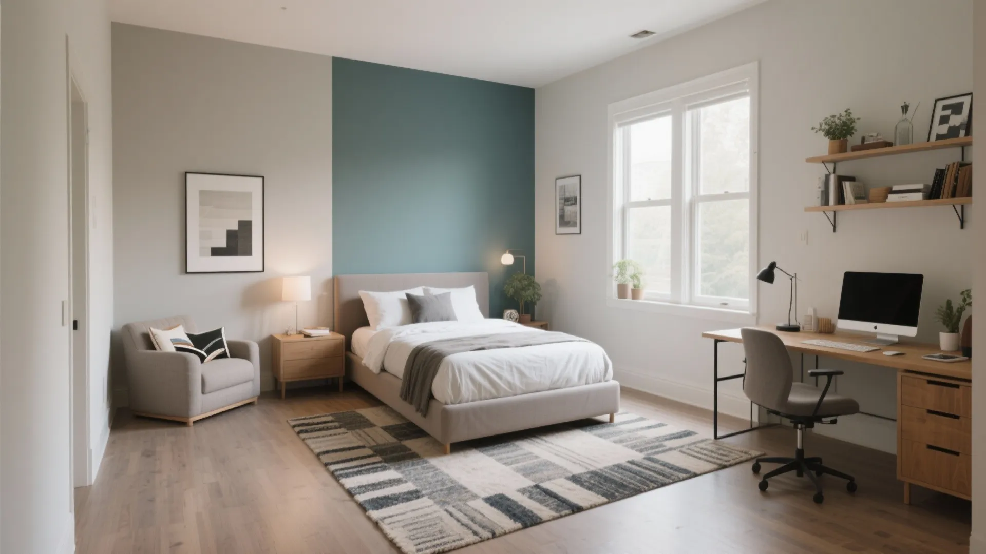 Modern bedroom featuring teal accent wall, bed, gray armchair, work desk, and wooden wall shelves