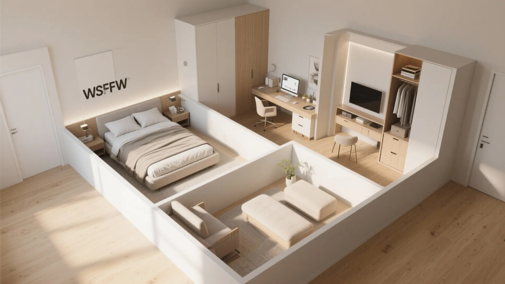 Interior design drawing of a bedroom layout with a bed desk wardrobe and separate sitting area