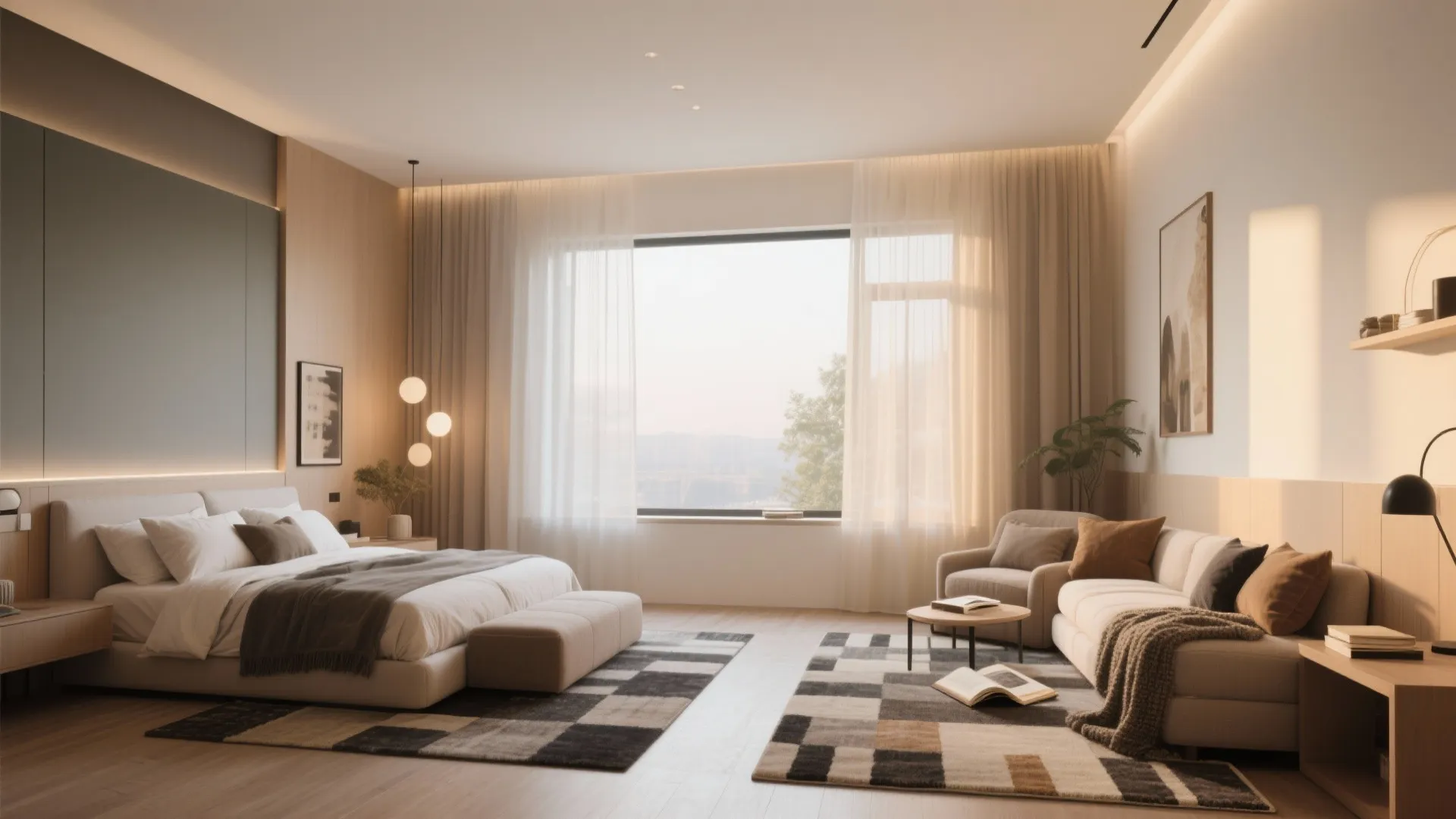 Modern bedroom design with large bed two rugs beige sofa wooden floor and bright window