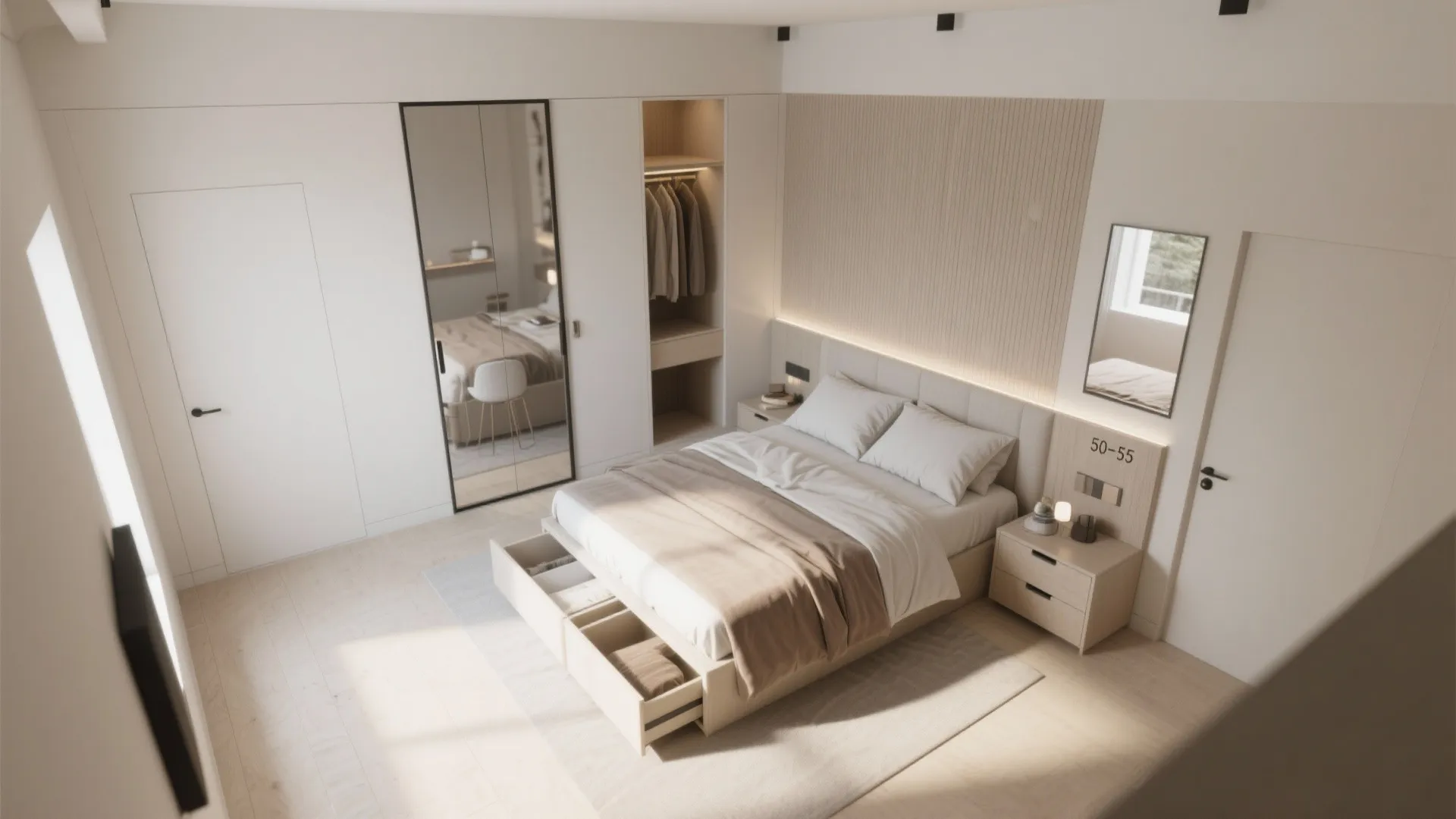 Bedroom zoning: wardrobe walls and pocket doors