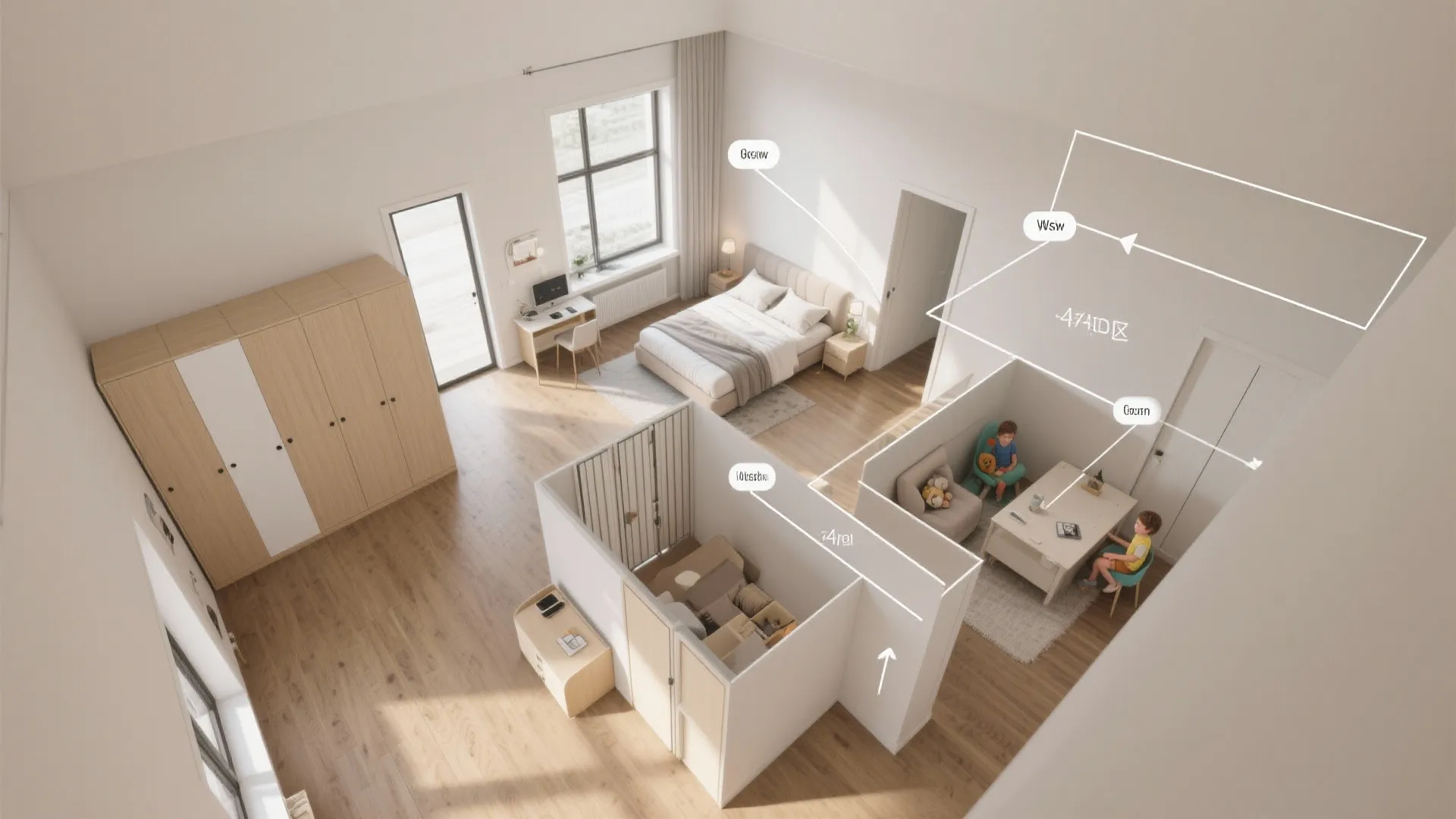 Top-down zoning concept showing primary suite, bright study, guest room by entry, and kid’s room near living area