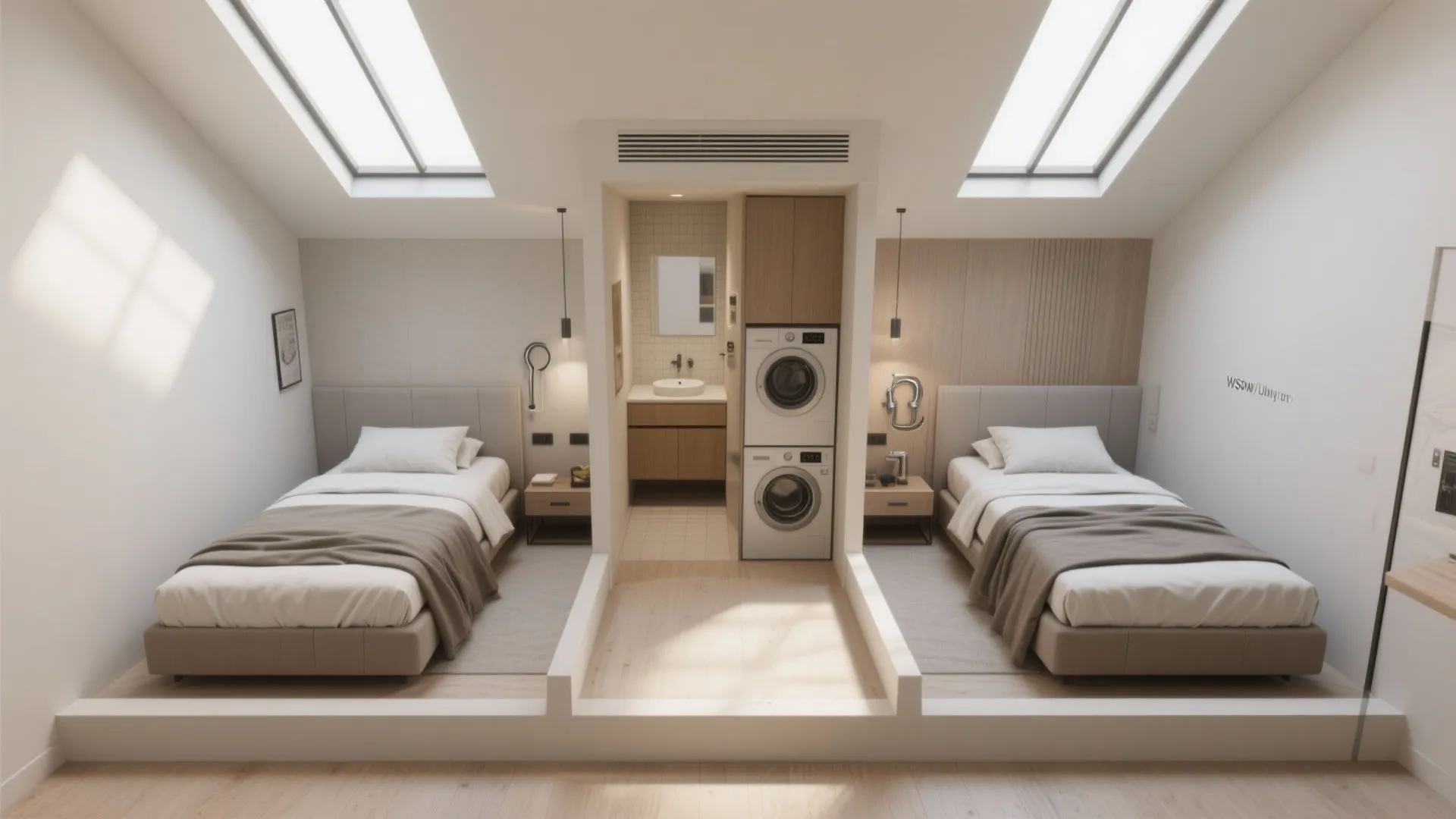 Layout showing two bedrooms separated by a centralized utility core in a barndominium