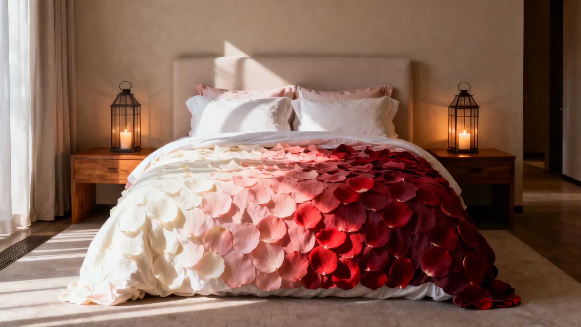 Bedroom with a rose petal gradient on the bed and side lanterns grazing the duvet.
