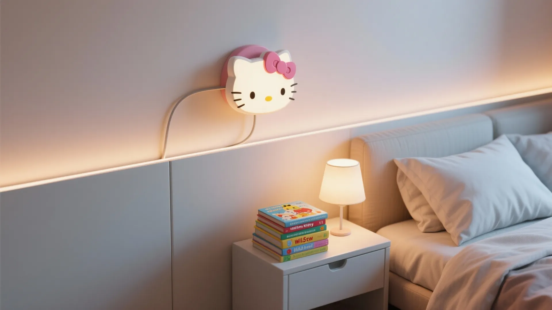 Kids bedroom with cat shaped wall light above bedside table with books and small lamp