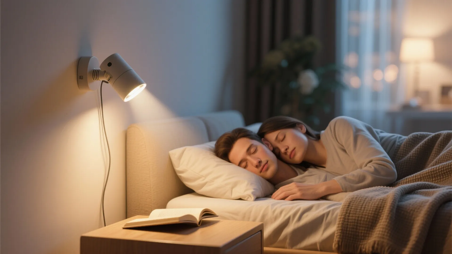 Couple sleeping in bed with adjustable wall light shining over bedside table and open book