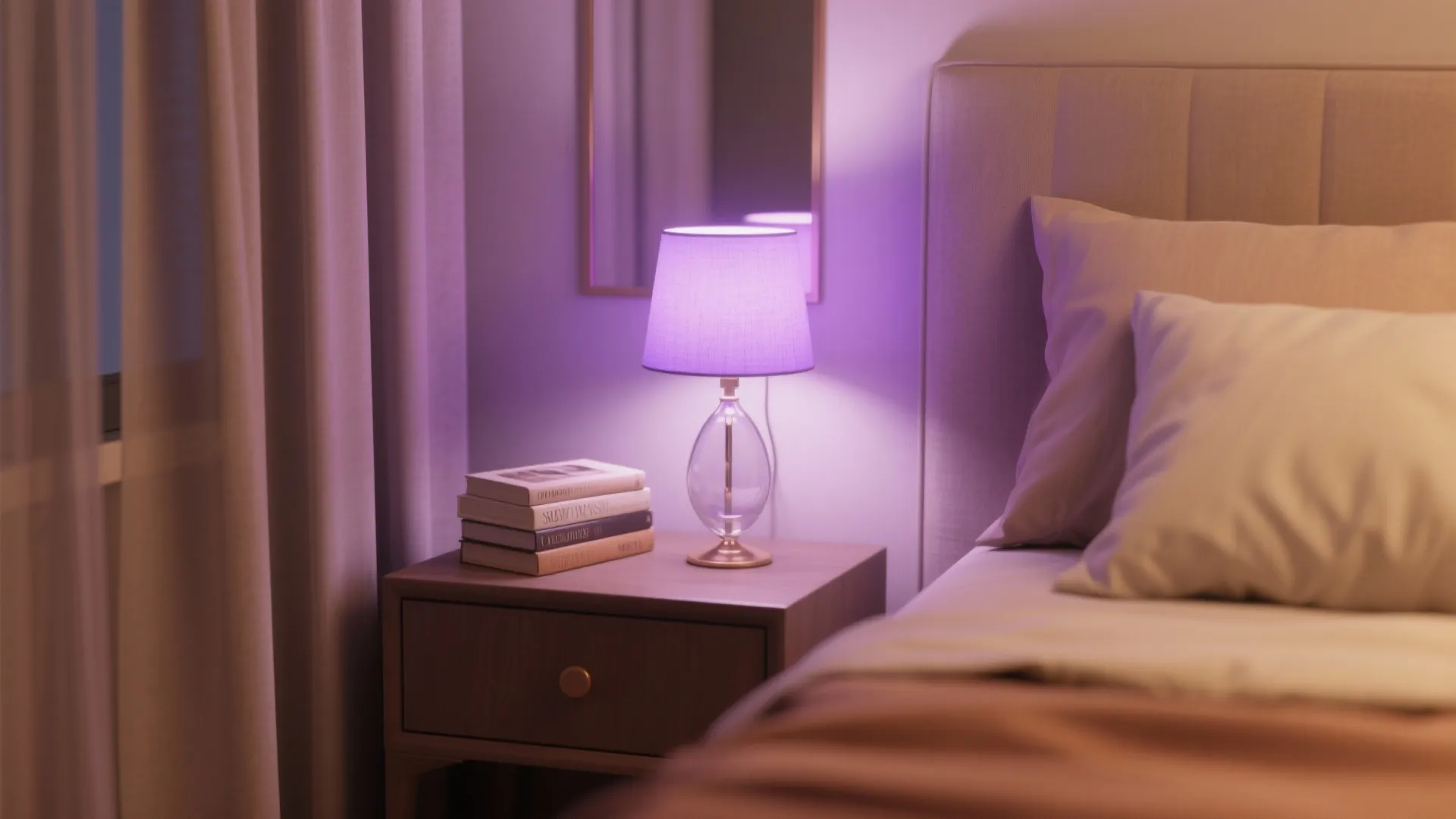 Cozy bedroom bedside table with a purple lamp and books next to a comfortable headboard
