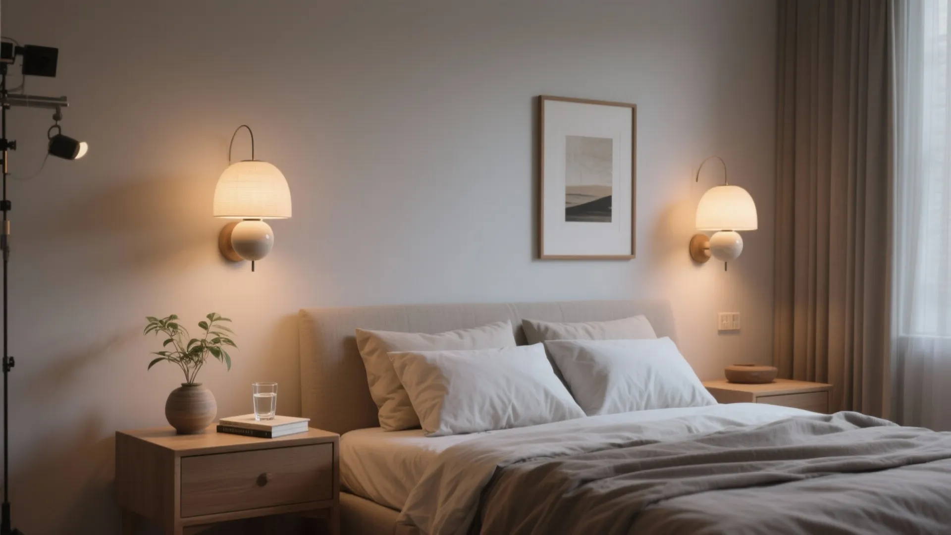 Studio bedroom with ceramic wall sconces above nightstands, creating a sculptural, cozy bedside zone.
