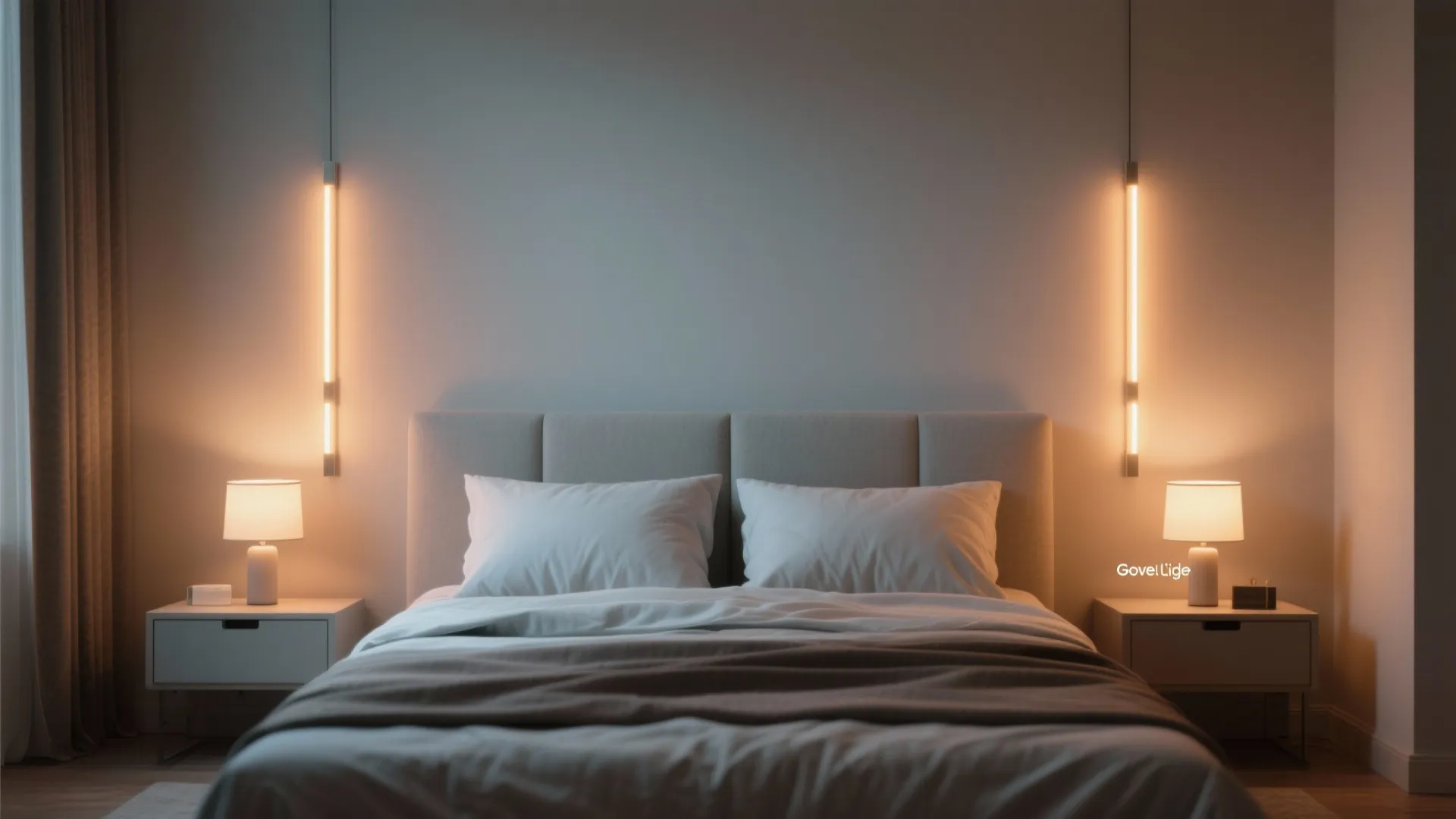 Modern bedroom with two wall lights and small lamps on side tables by the bed