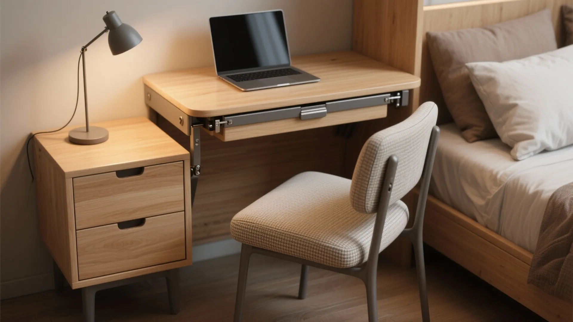 Fold-down bedside desk with a slim chair and soft cushion, showing hardware and compact ergonomics.