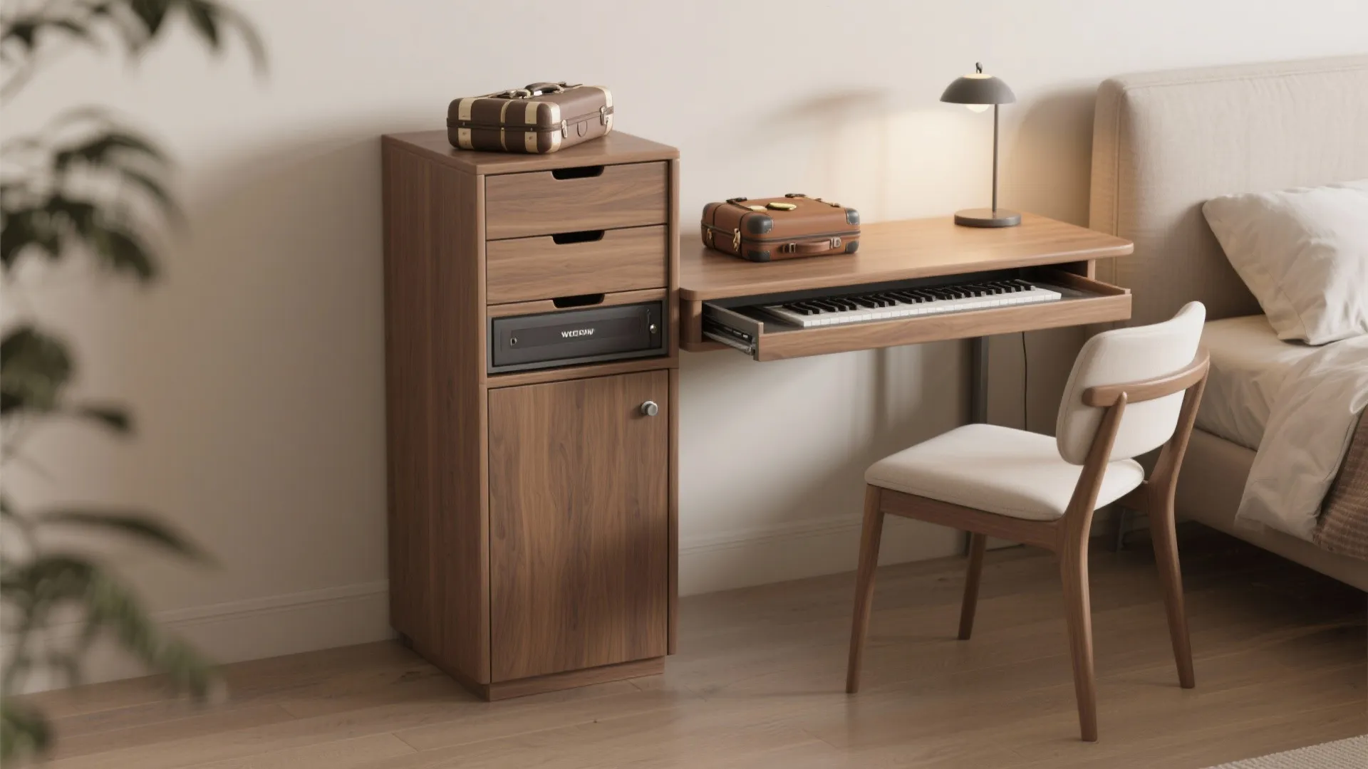 Wooden bedside cabinet and desk combination with musical keyboard drawer white chair and table lamp