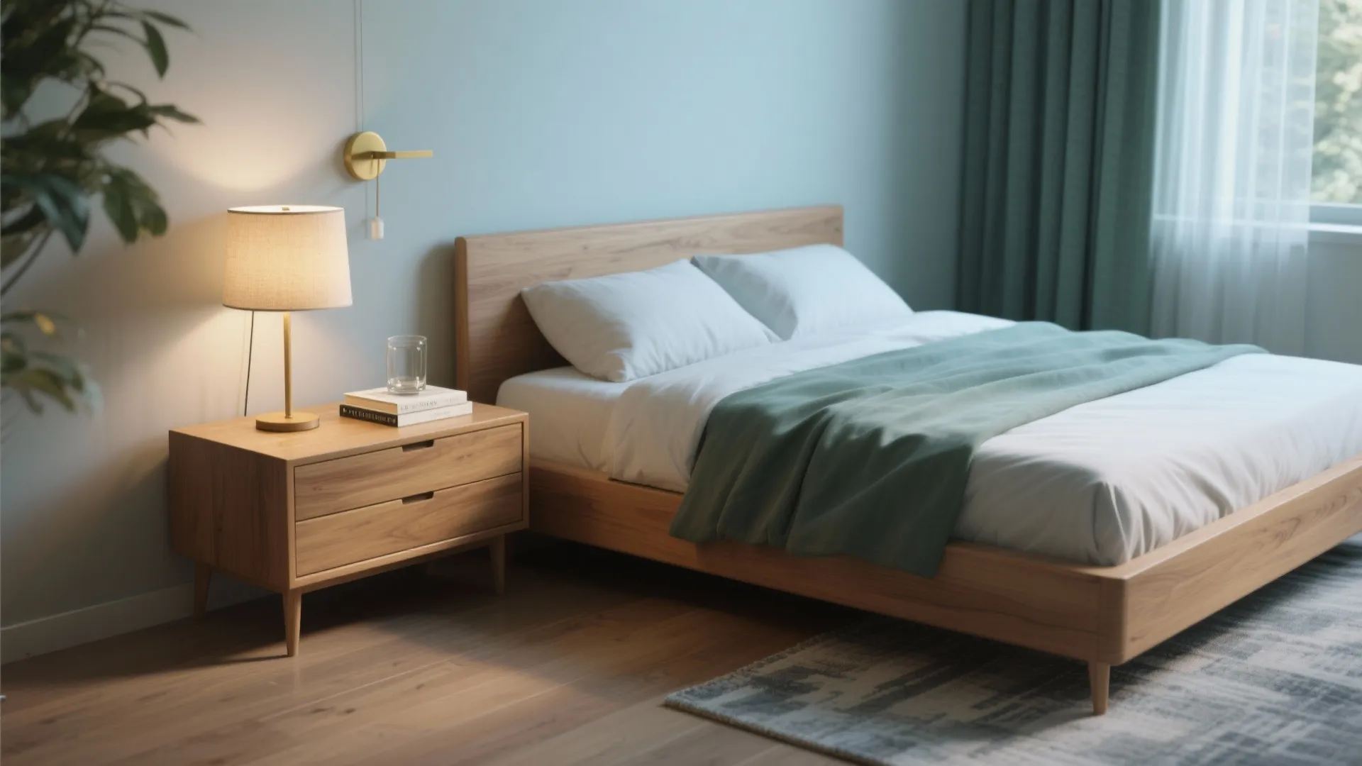 Modern bedroom with wooden bed green blanket matching nightstand table lamp and light blue wall