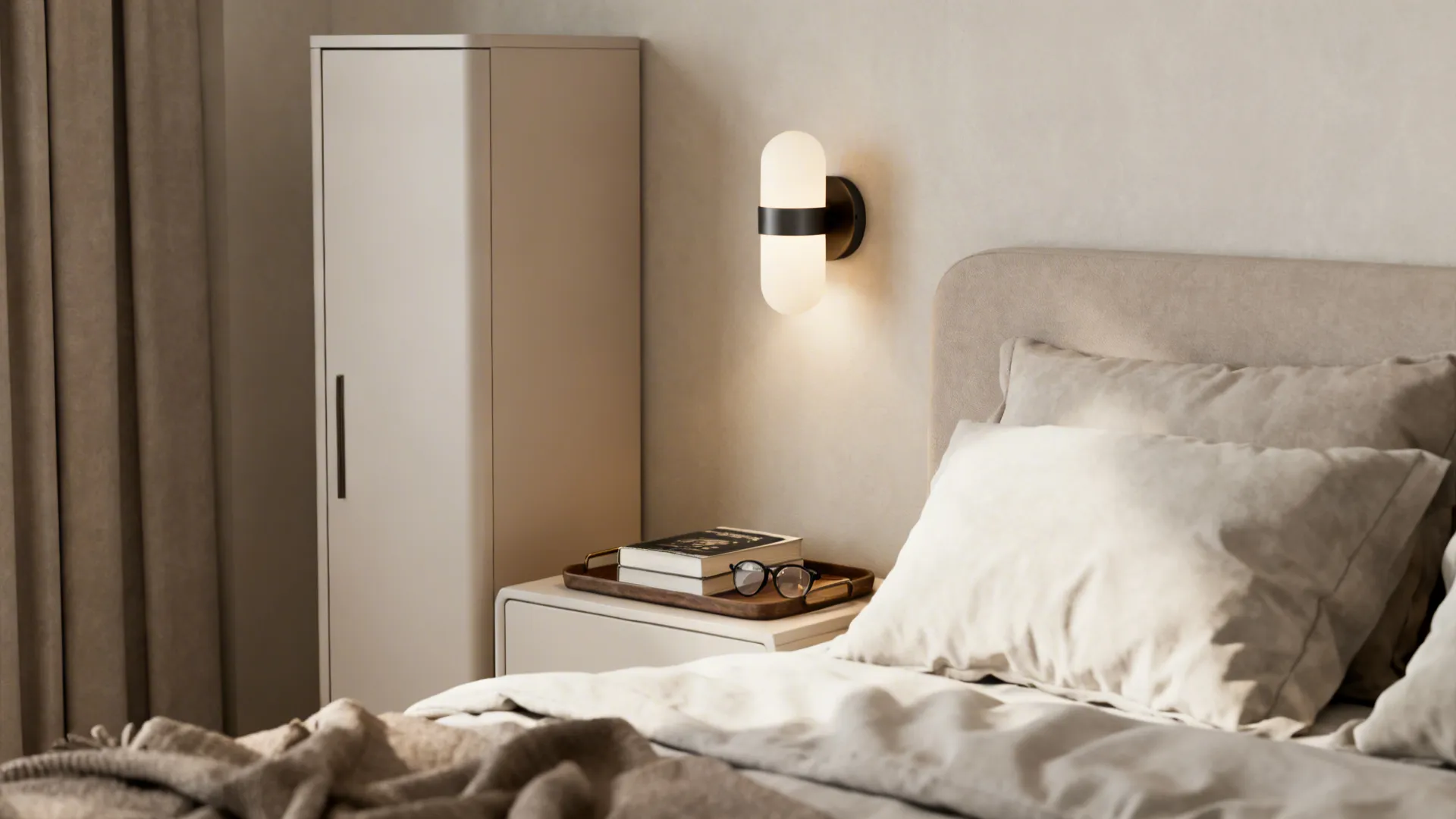 Slim bedside tower with a wall sconce and tidy bedside essentials in a small bedroom.