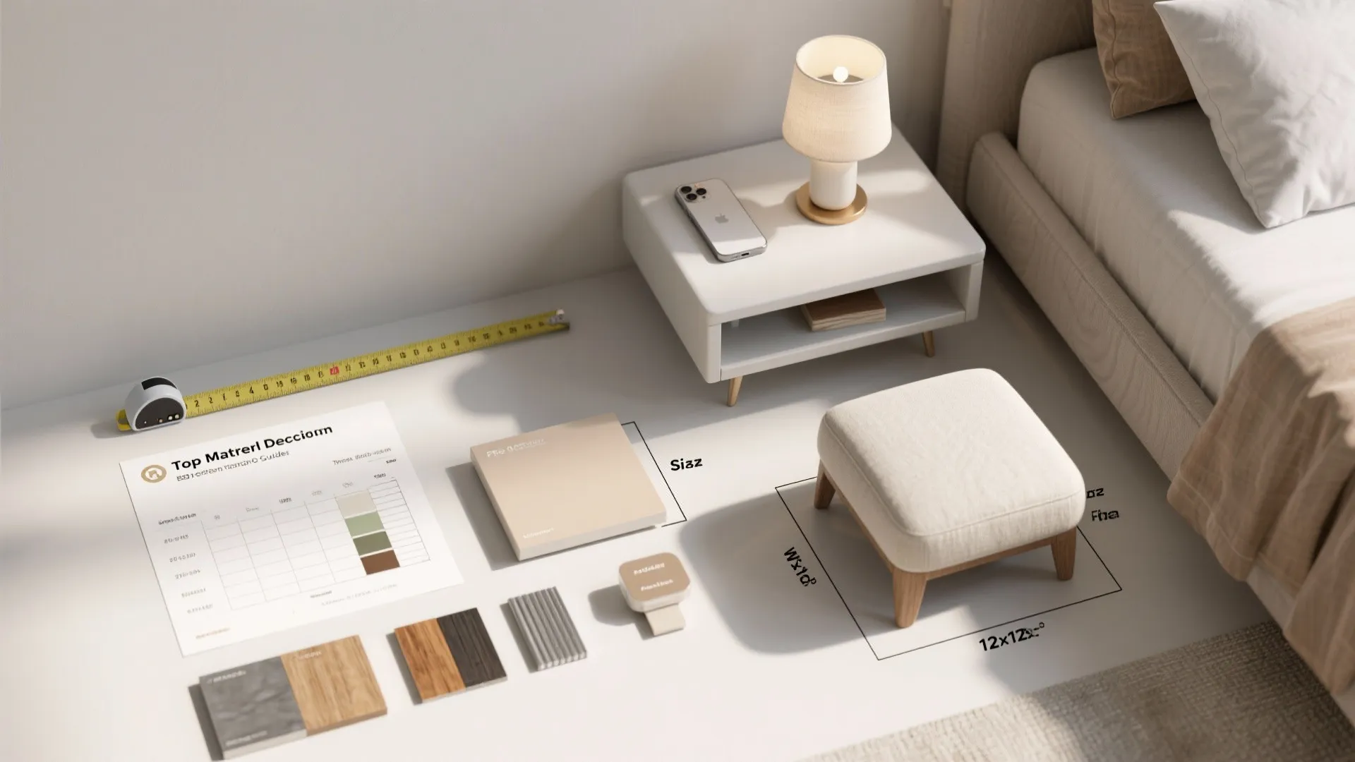 Top-down flatlay of measuring tools, material samples and swatches illustrating bedside table sizing and material tips.