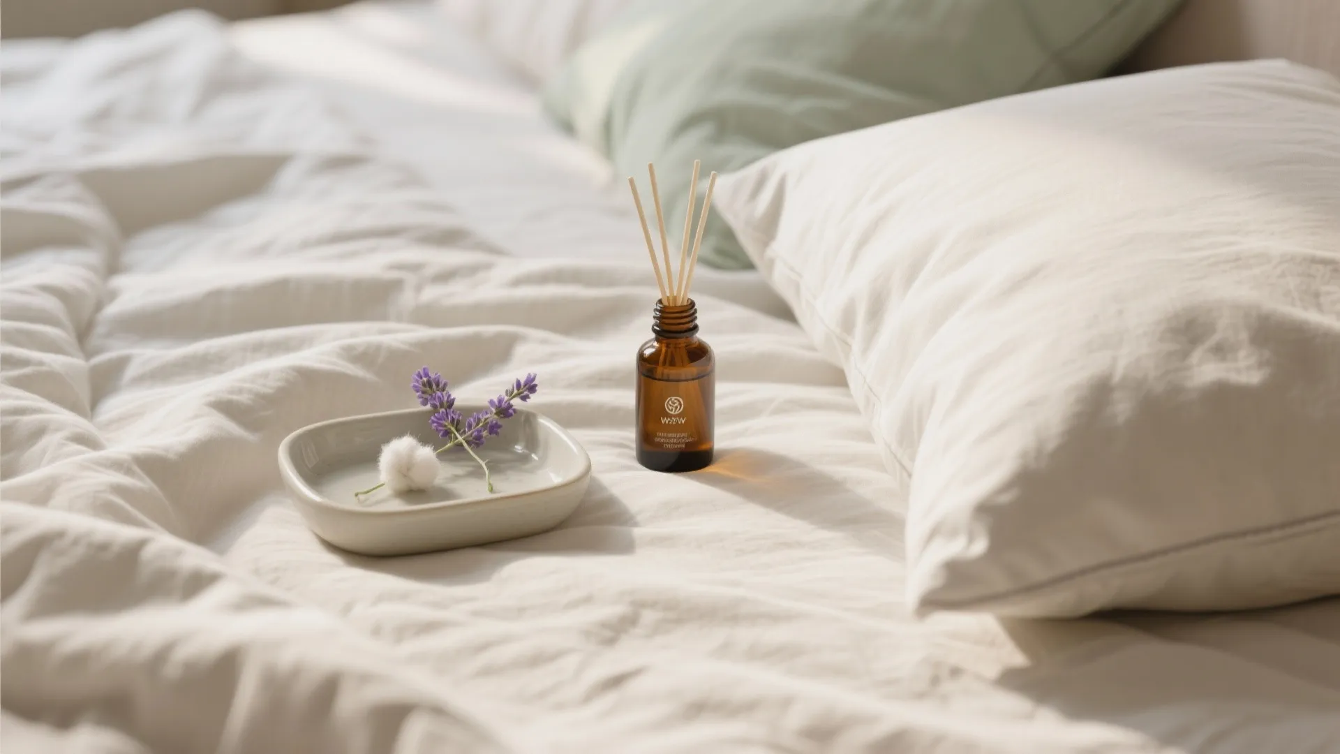 Bedside calm: timed diffusion + textiles