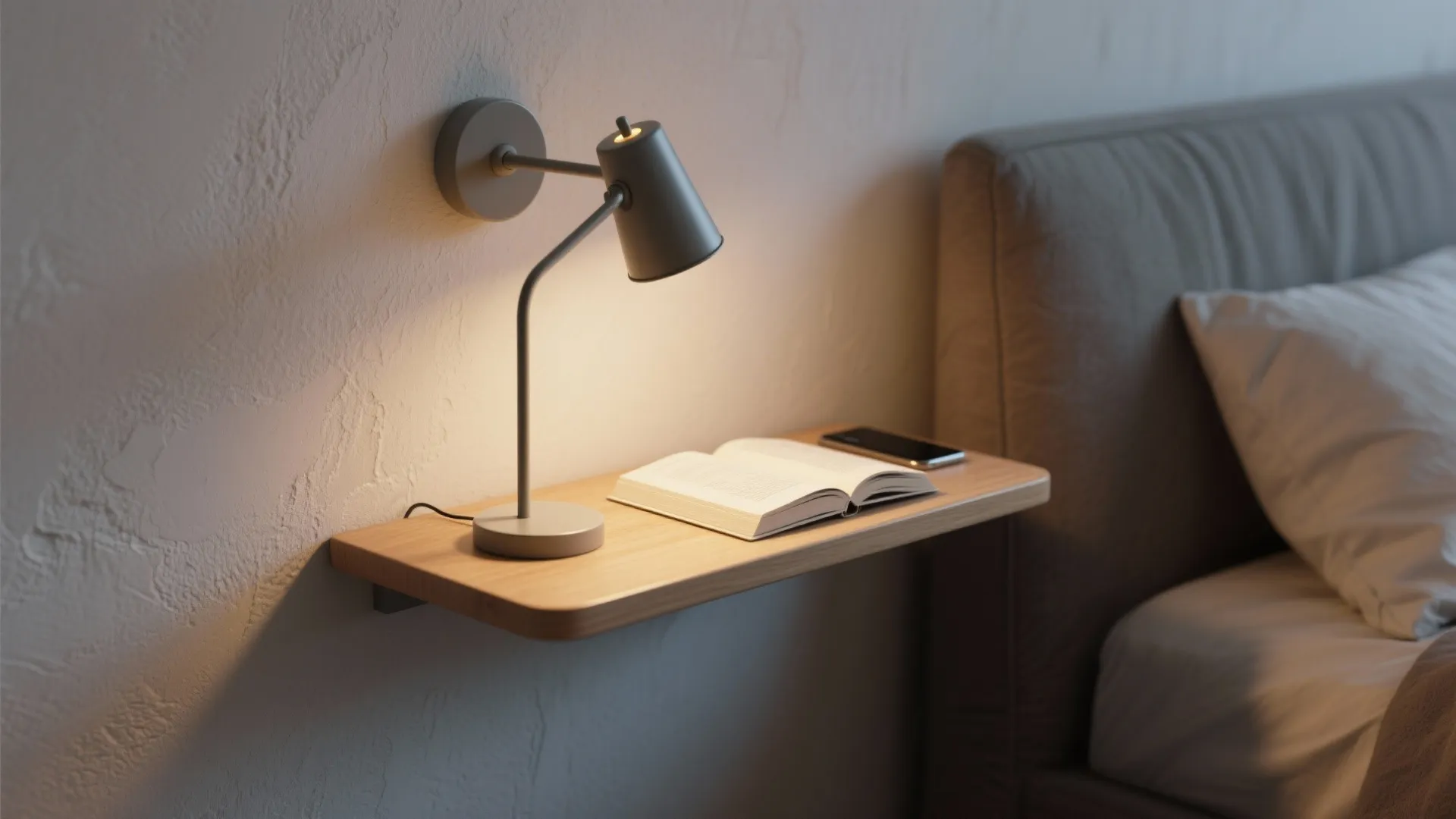 1. Bedside Minimalist: Floating nightstand and soft glow