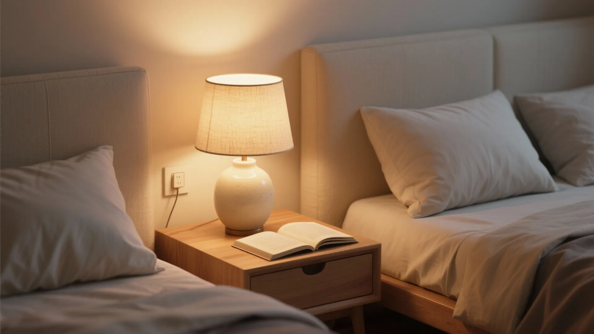 Warm bedside table light fixture next to a wooden nightstand with an open book inside