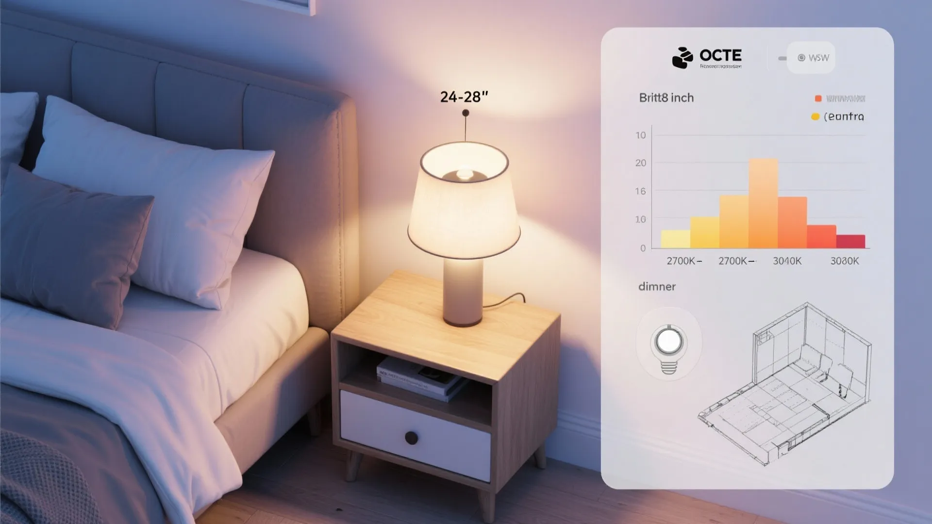 Bedside table lamp with warm light and graphic overlay showing light temperatures and room layout