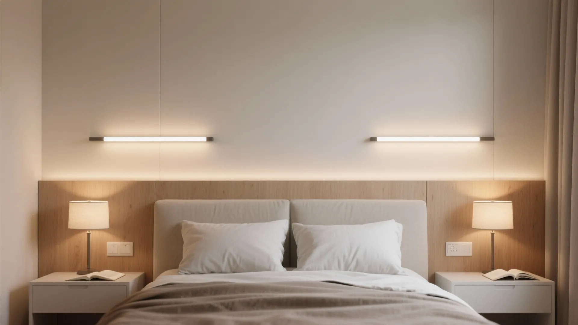 Minimalist bedroom with horizontal LED linear wall lights as bedside reading lights
