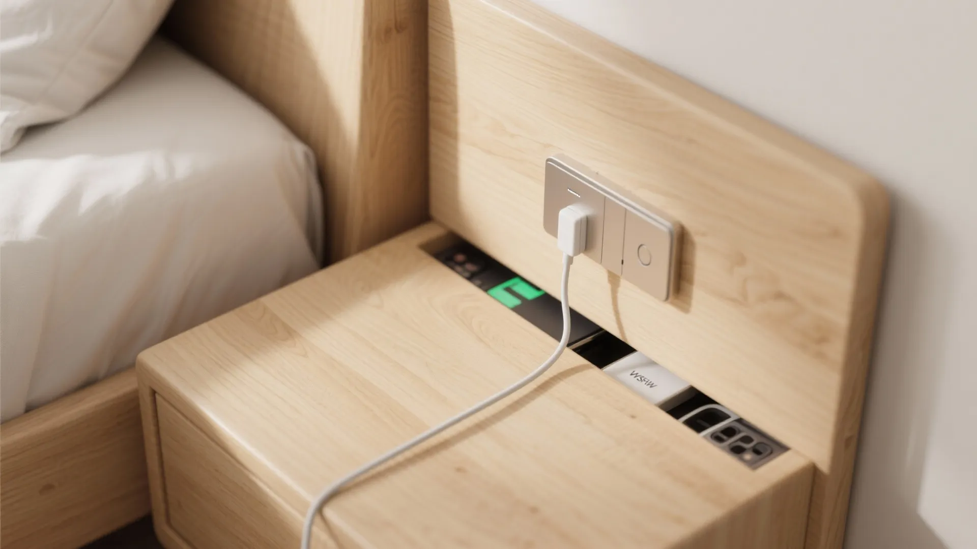 Light wood bedside table with built in power outlet charging a phone near a white bed