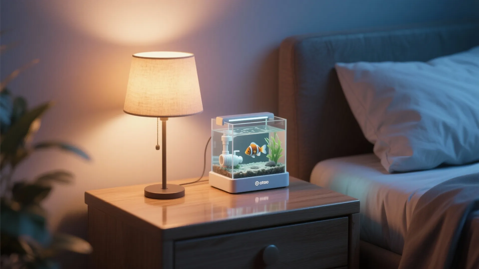 Cozy bedside mini aquarium on a nightstand with soft warm light and small peaceful fish.